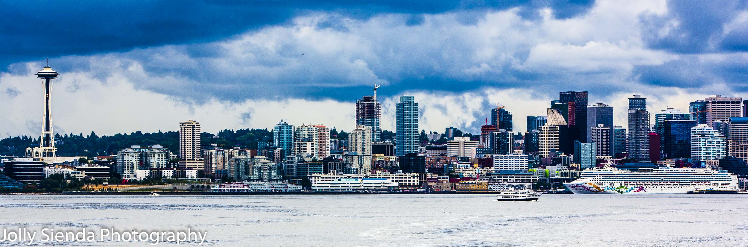 Seattle city skyline from Elliot Bay with the Space Needle and a