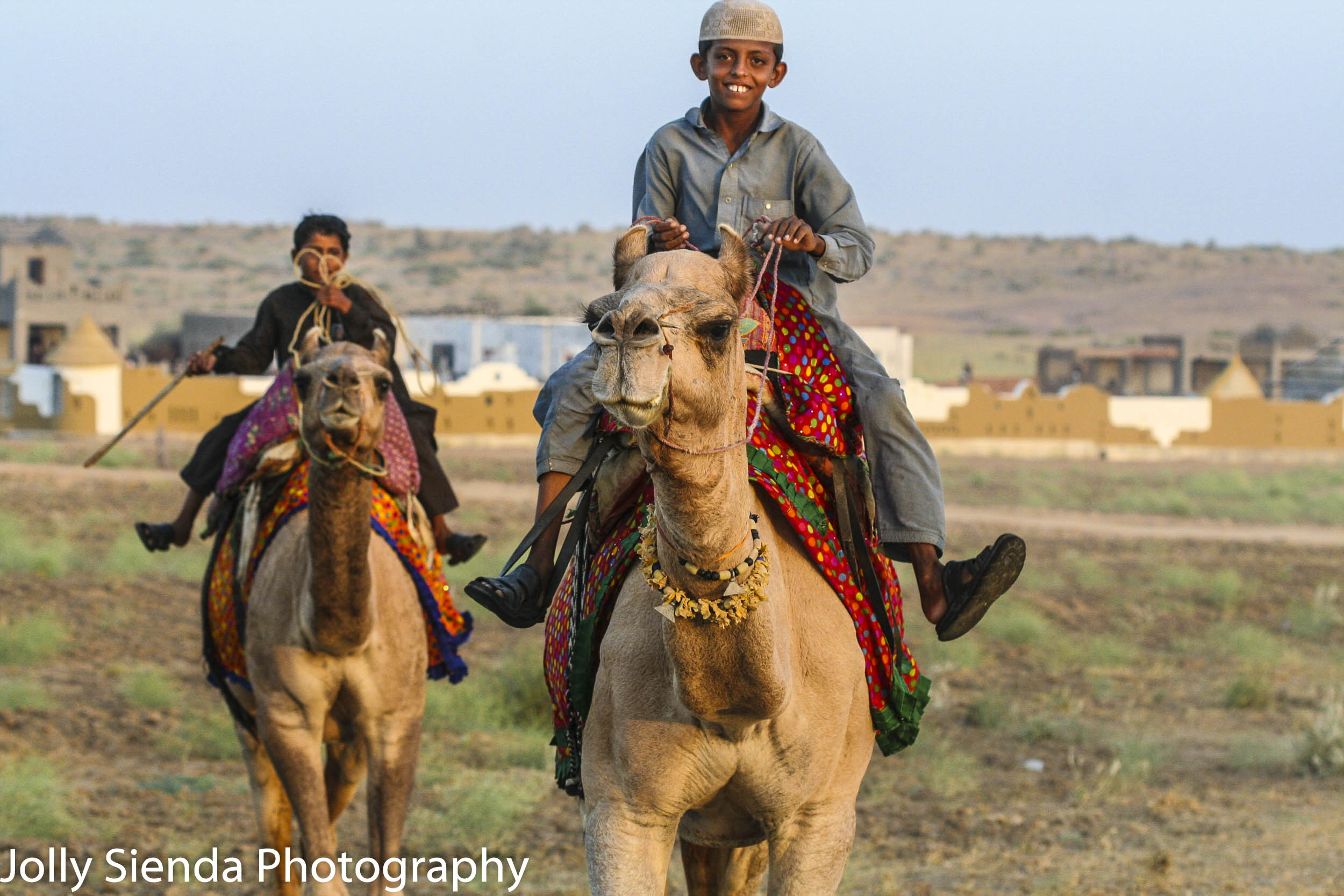 Bedouin, banjaras boys gallup smiling on decorated camels in the