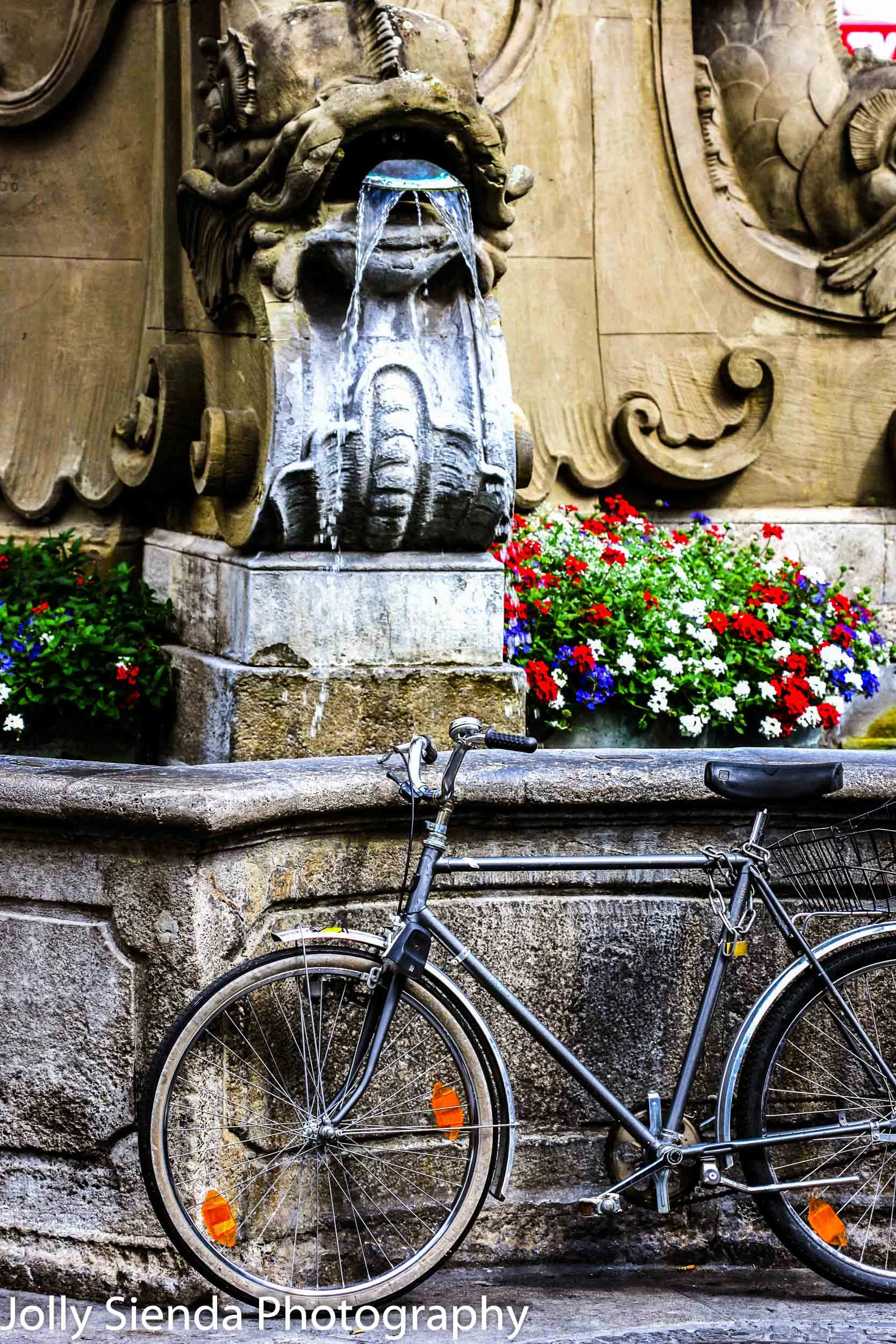 Bike Leans Against a Serpent, Stone Water Fountain