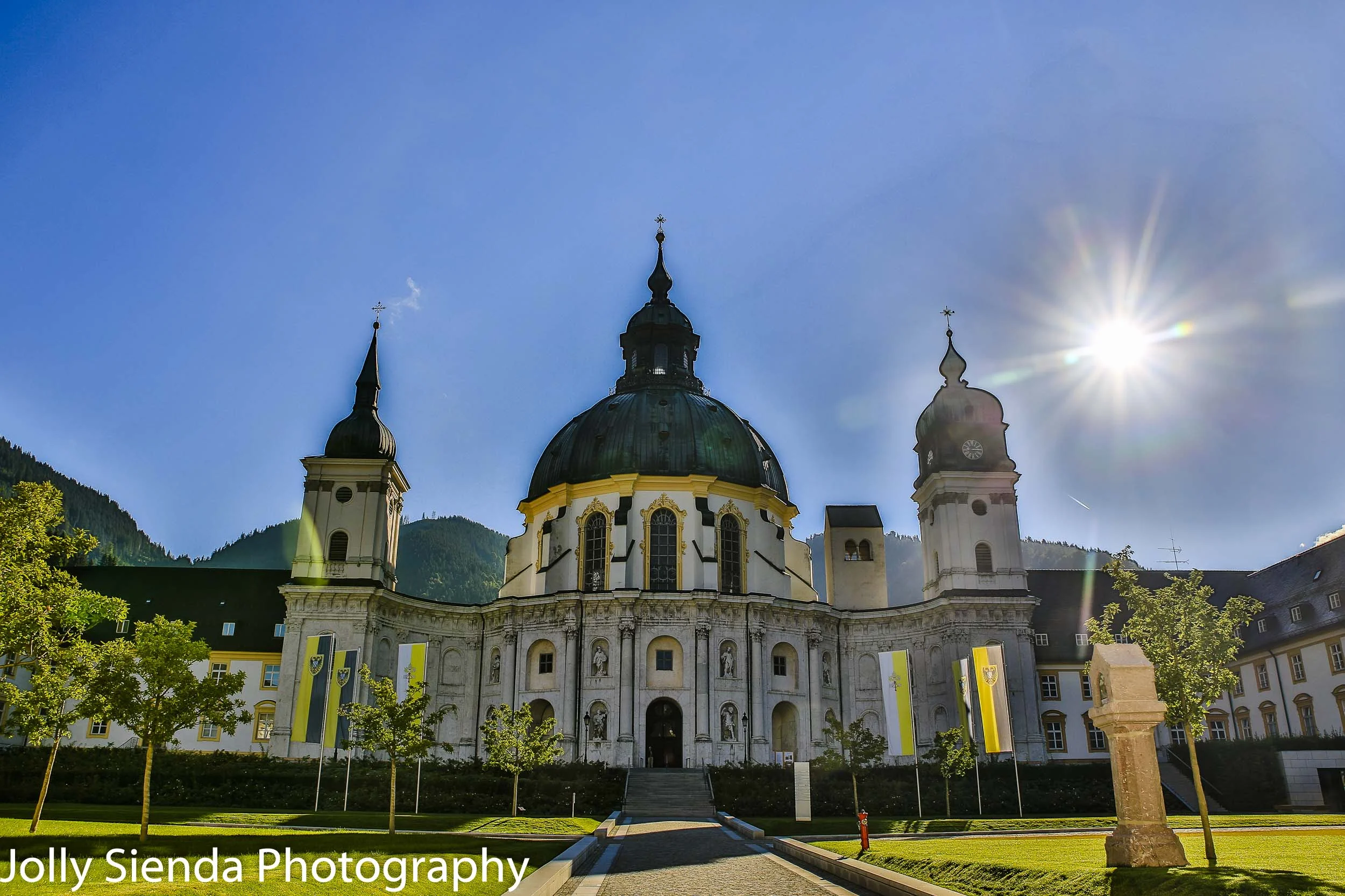 The Ettal Monestery with a burst of sunlight
