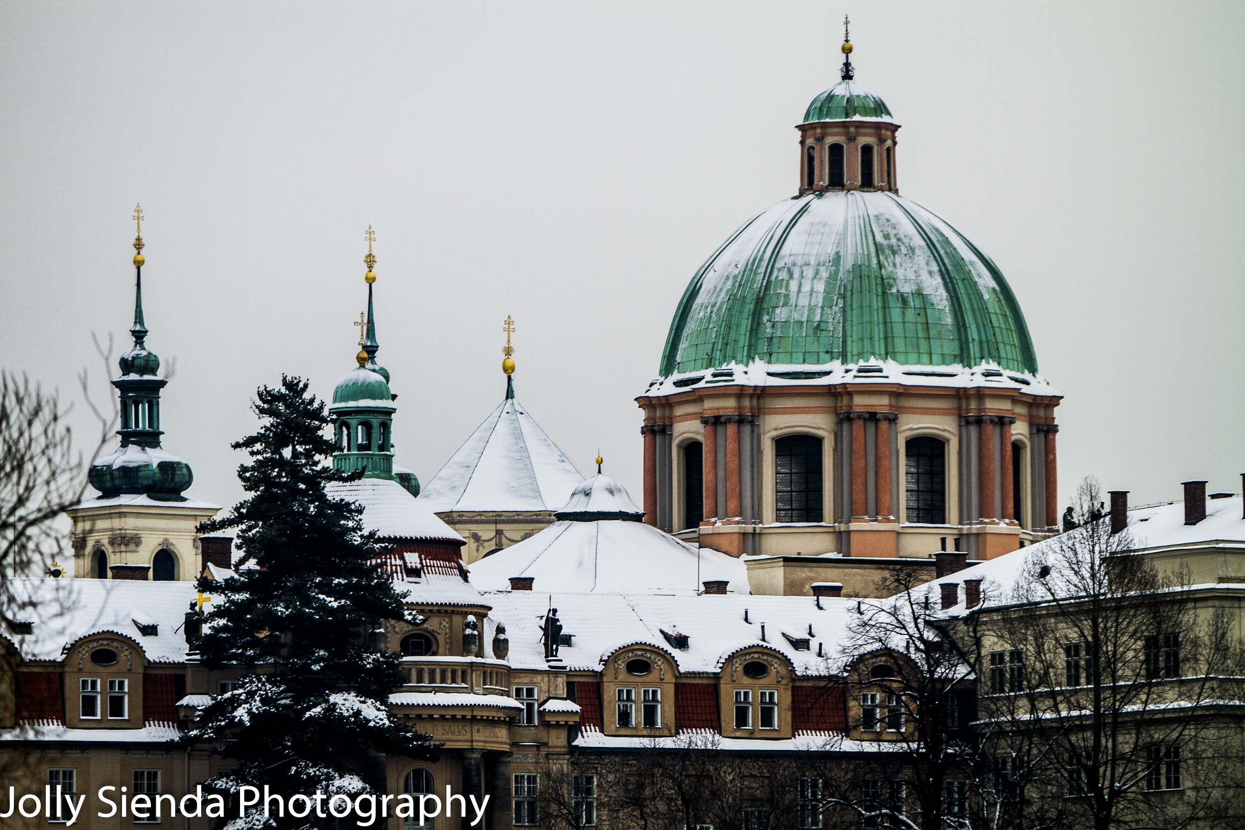 Snow covered St. František z Assisi Church in Prague