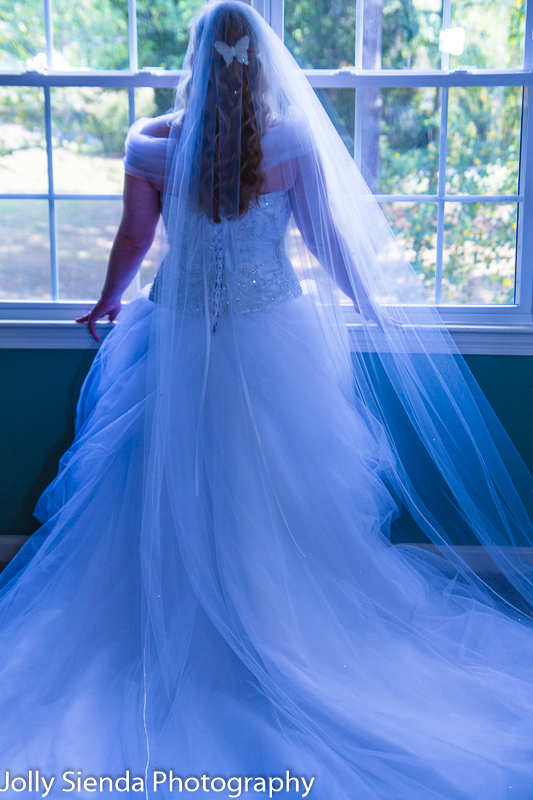 Back of the bride in a cinderella wedding dress