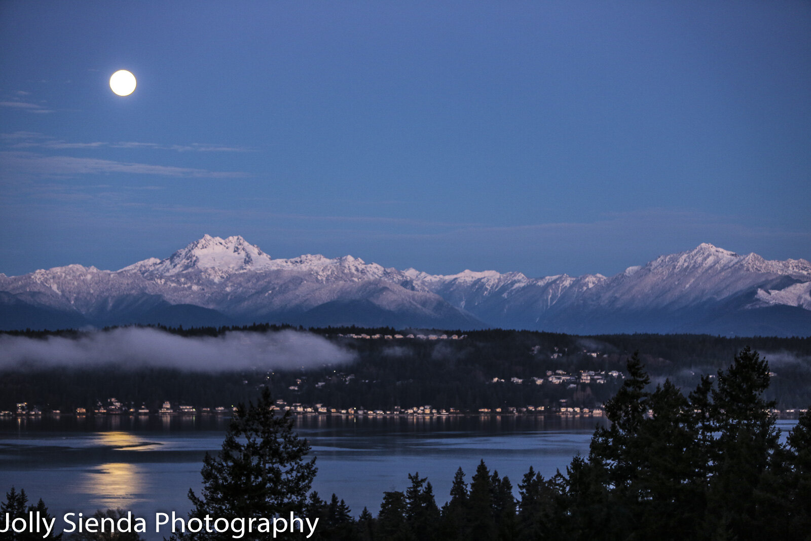 Waxing Gibbous Moon, Super Moon, Olympic Mountains, and Puget So