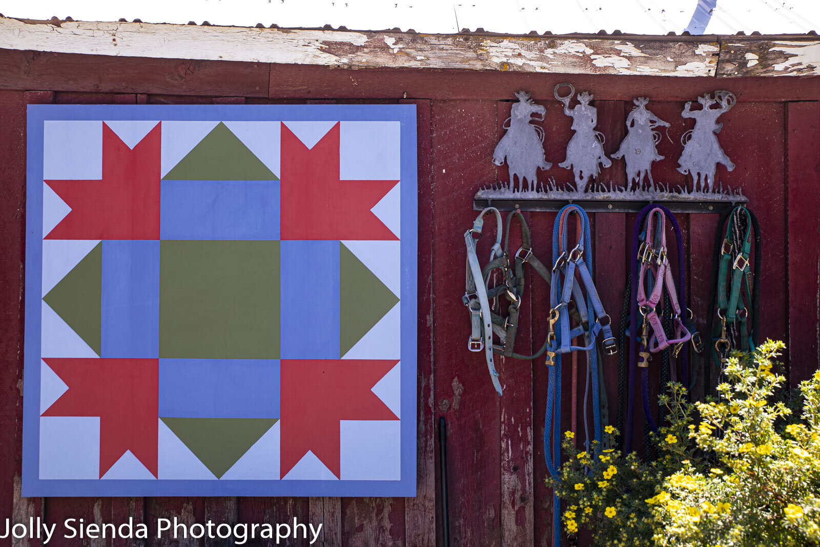 Flying Horseshoe Ranch, weather vane quilt and horse bridels and