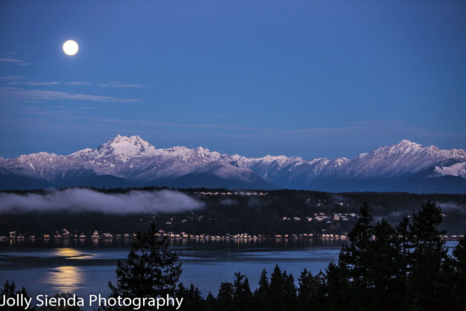 Waxing Gibbous Moon, Super Moon, Olympic Mountains, and Puget So