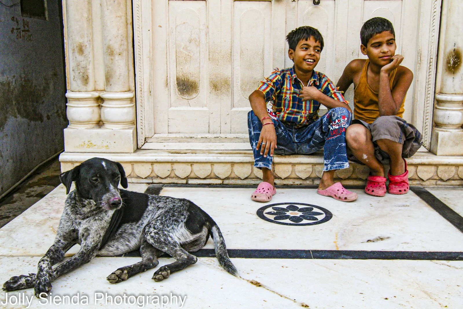 Boys laugh with their dog crossing his paws
