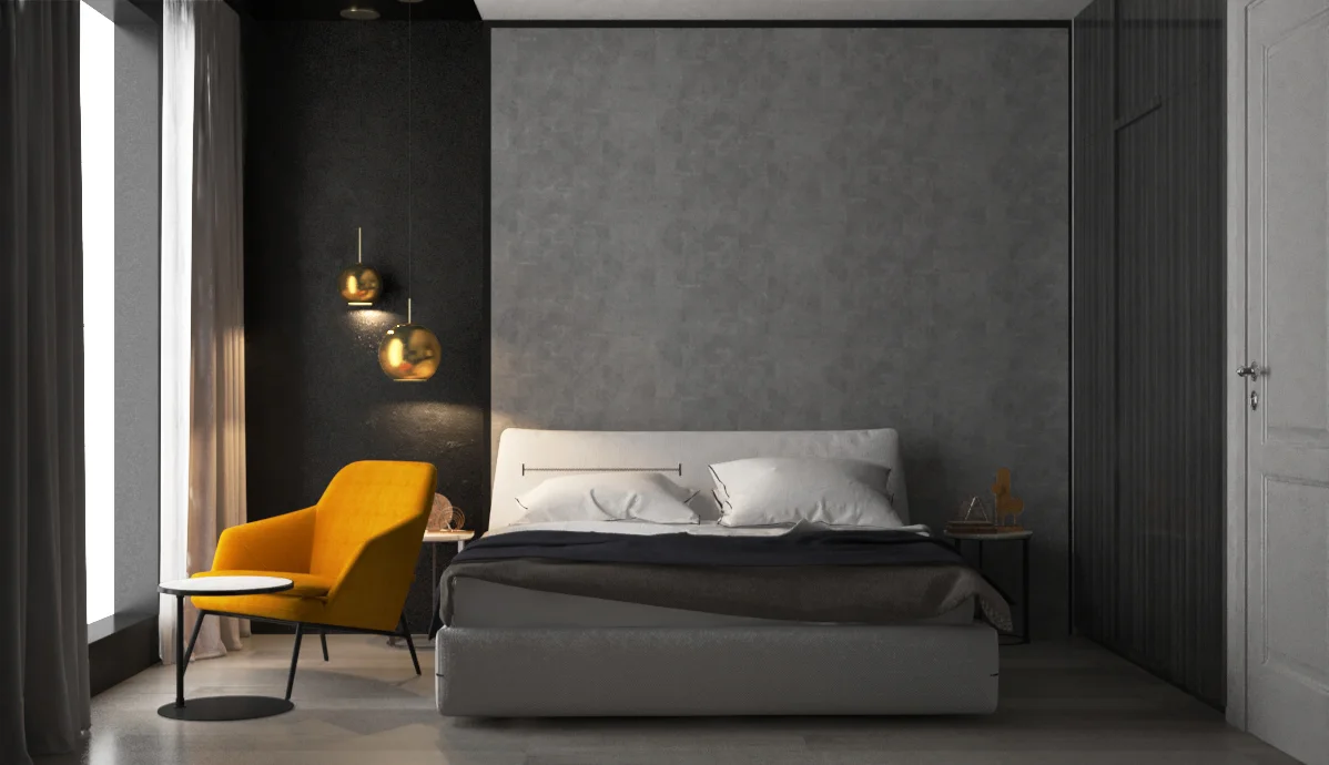 Grey, white, black and cooper is a prefect match for a stylish bedroom