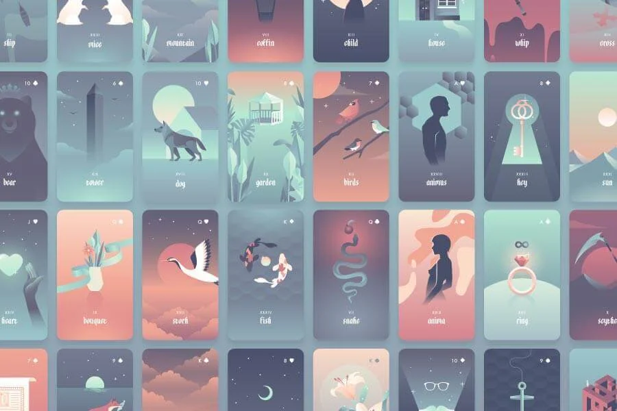 Lenormand spread featured on Labyrinthos, Seventh Sphere deck