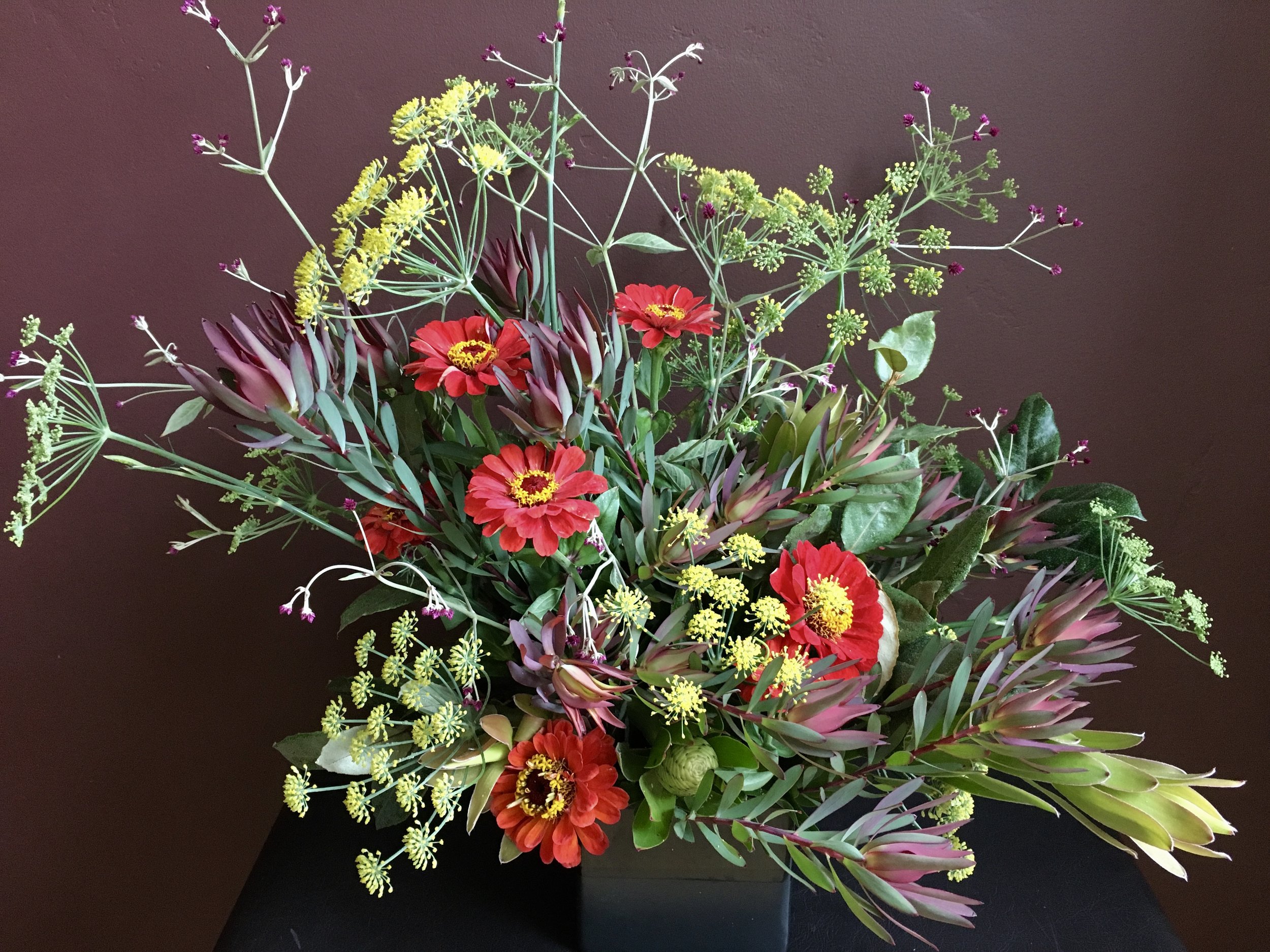 Zinnias, leucodendron, fennel and gomphrena