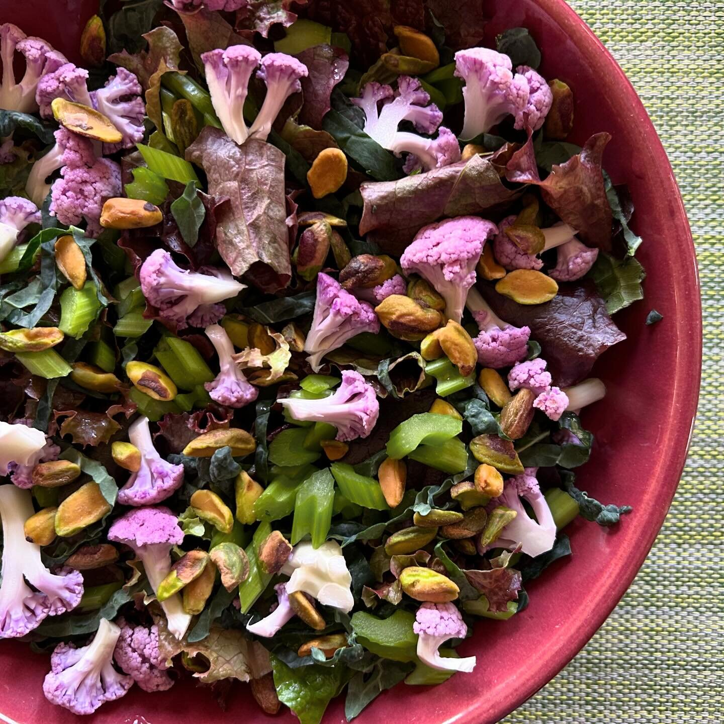 January winter garden salad: four lettuces, Tuscan kale, purple cauliflower, celery, arugula. #wintergardensalads