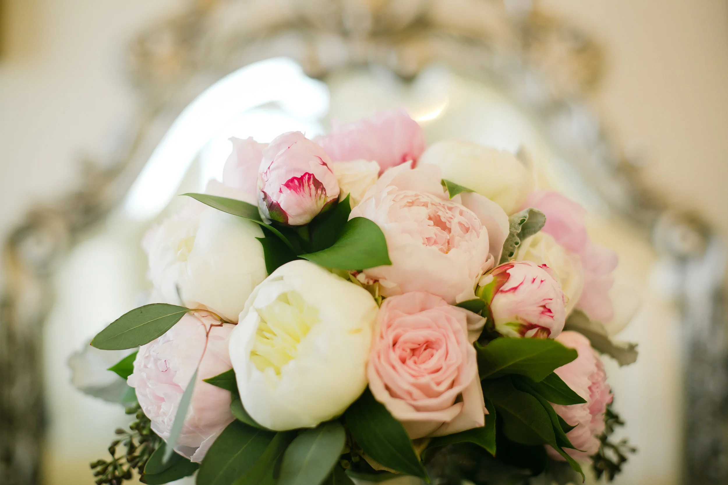Bridal bouquet with pink and white roses and peonies for Monastery Event Center wedding in Cincinnati.  Florals by Yellow Canary www.yellowcanaryonline.com