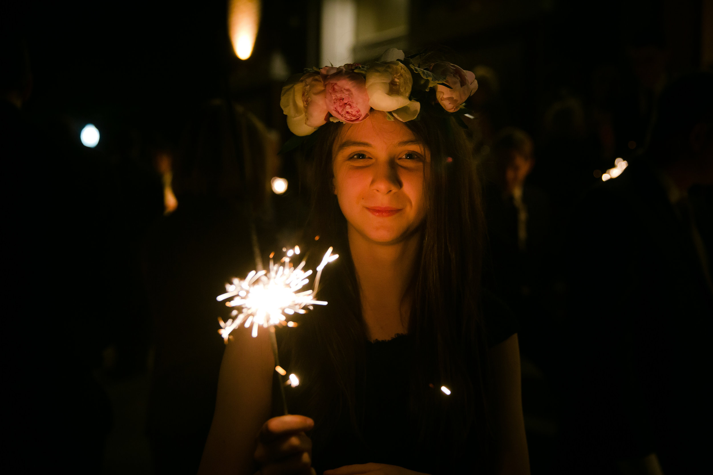 Floral crown with pink, white, and red roses for Monastery Event Center wedding in Cincinnati.  Florals by Yellow Canary www.yellowcanaryonline.com