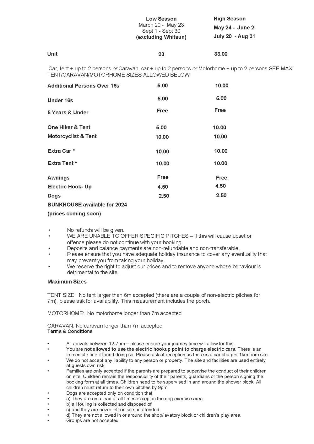 Prices — Little Meadow Campsite