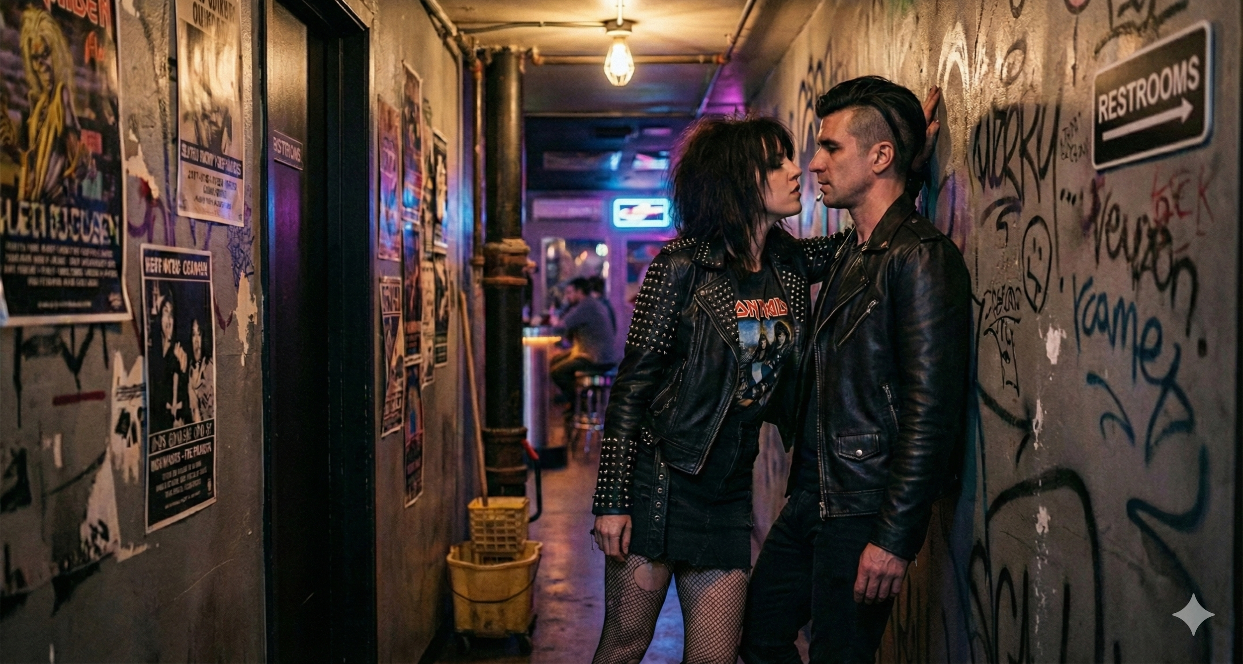 A punk / indie rock guy and girl looking like they're going to kiss in a bar hallway