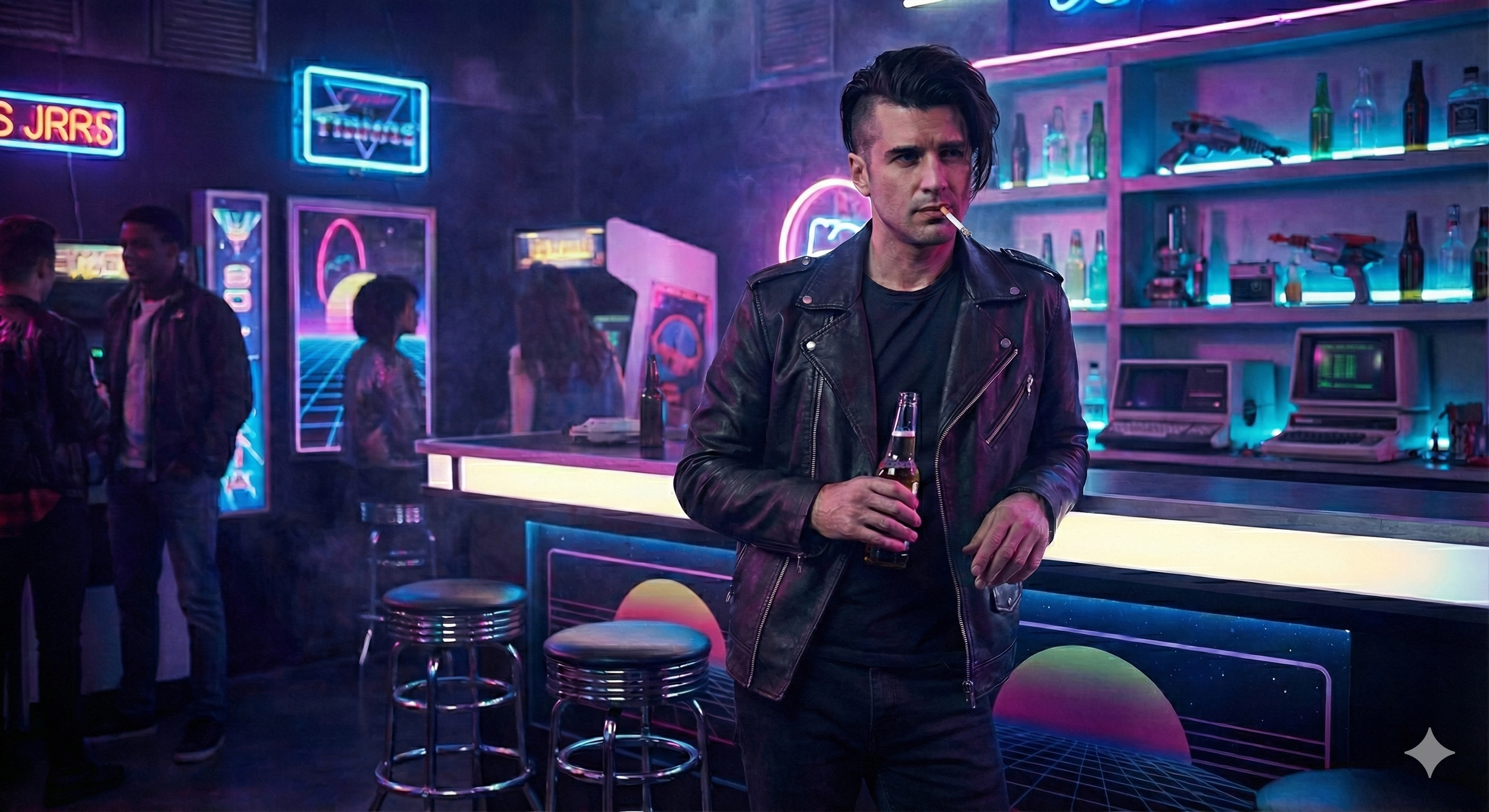 Guy standing in scifi 80s themed bar with a cigarette and a beer