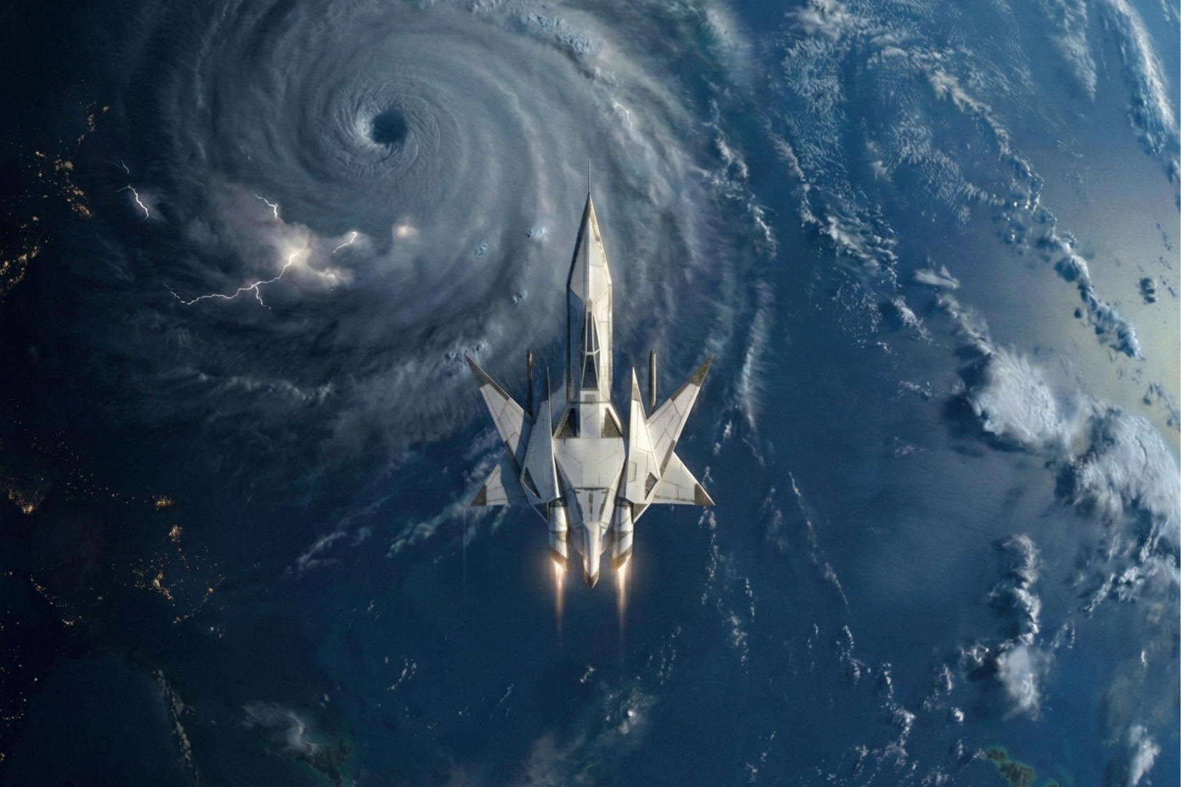 Starfighter flying over a blue planet
