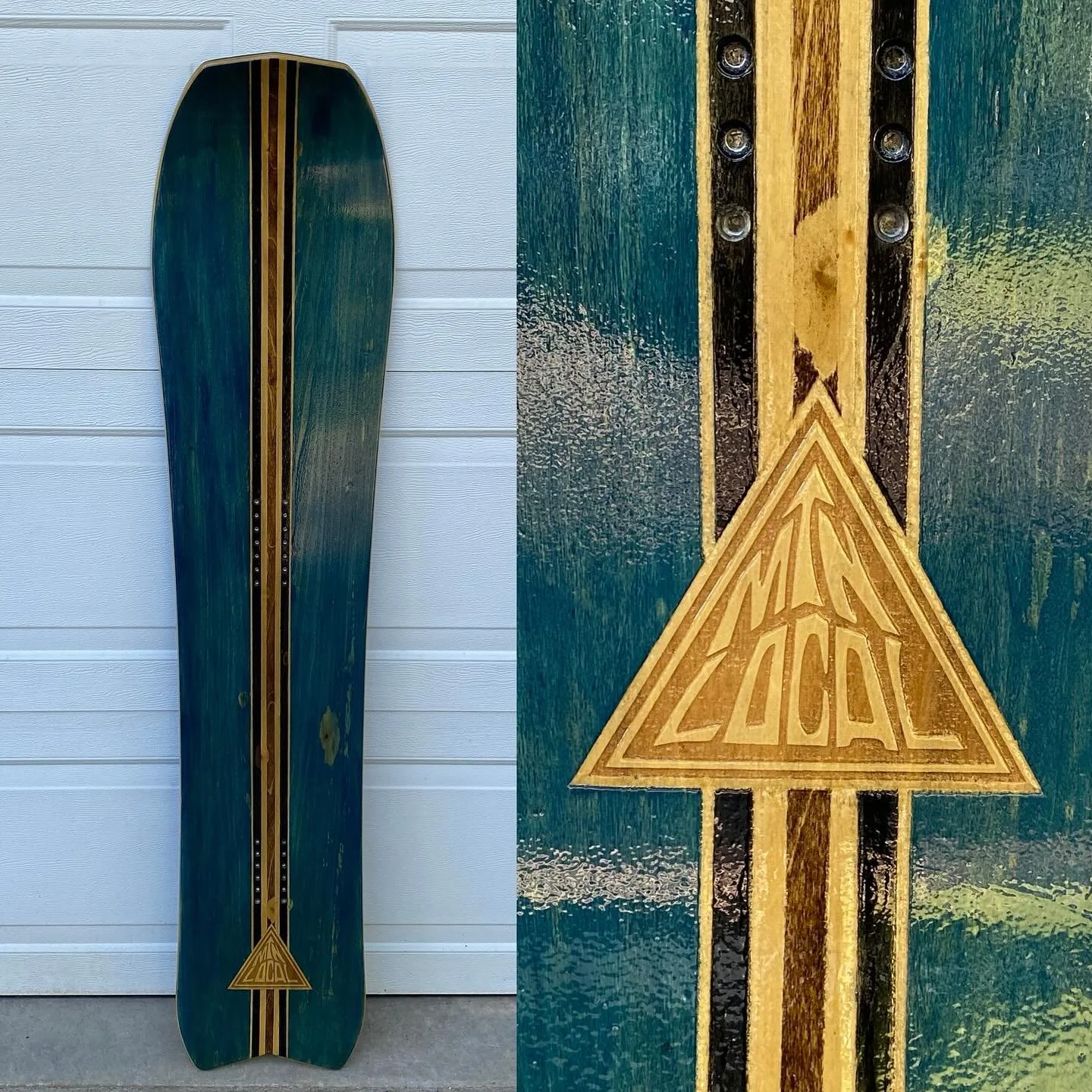 Storm Warning.
&bull;
152cm w/ a Thruster graphite base.
&bull;
Vintage denim Hobie longboard finish. Made to look like years of wear from the local surf break.
&bull;
Winter is coming!
&bull;
#woodcarver 
#snowboard
#fasterthanyou 
#madeforturning 
