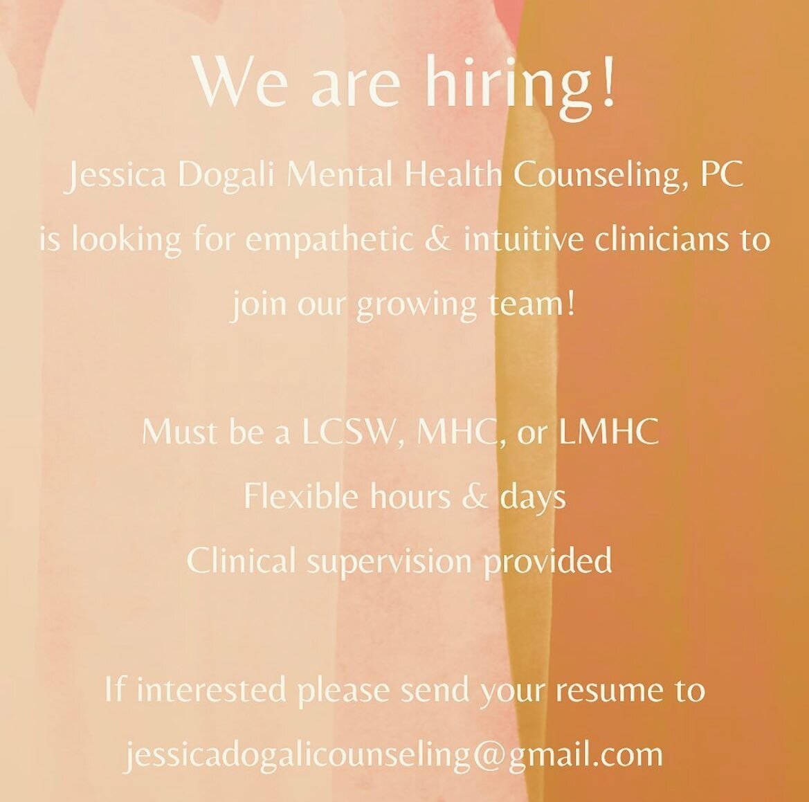 &bull;
Jessica Dogali Mental Health Counseling, PC is hiring multiple fee for service clinicians for a private psychotherapy practice in East Meadow, NY. Ideal candidates would be available in the afternoons and evenings and have experience working w