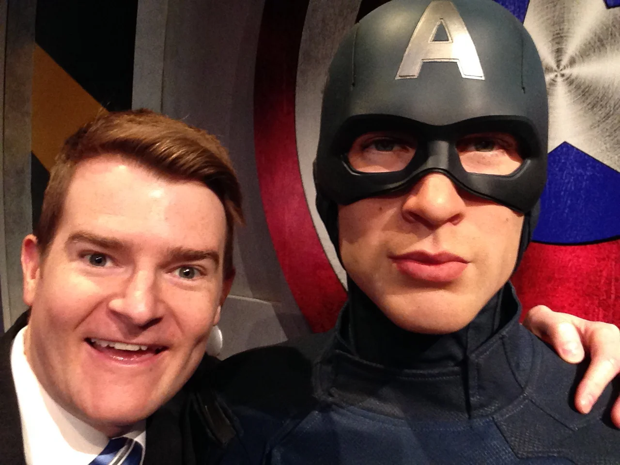 Canadian icon Captain America takes some time in between battles to pose for a picture with a big fan (and a bigger friend).