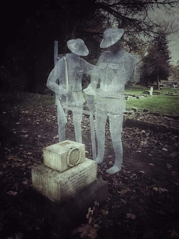 In honor of veterans on Armistice Day. WWI. Quoted description: “The ghosts of soldiers silently standing over their graves in the St. John’s Churchyard, Slimbridge.” Gloucestershire, England. Wire sculptures by Jackie Lantell. Photo source unknown.