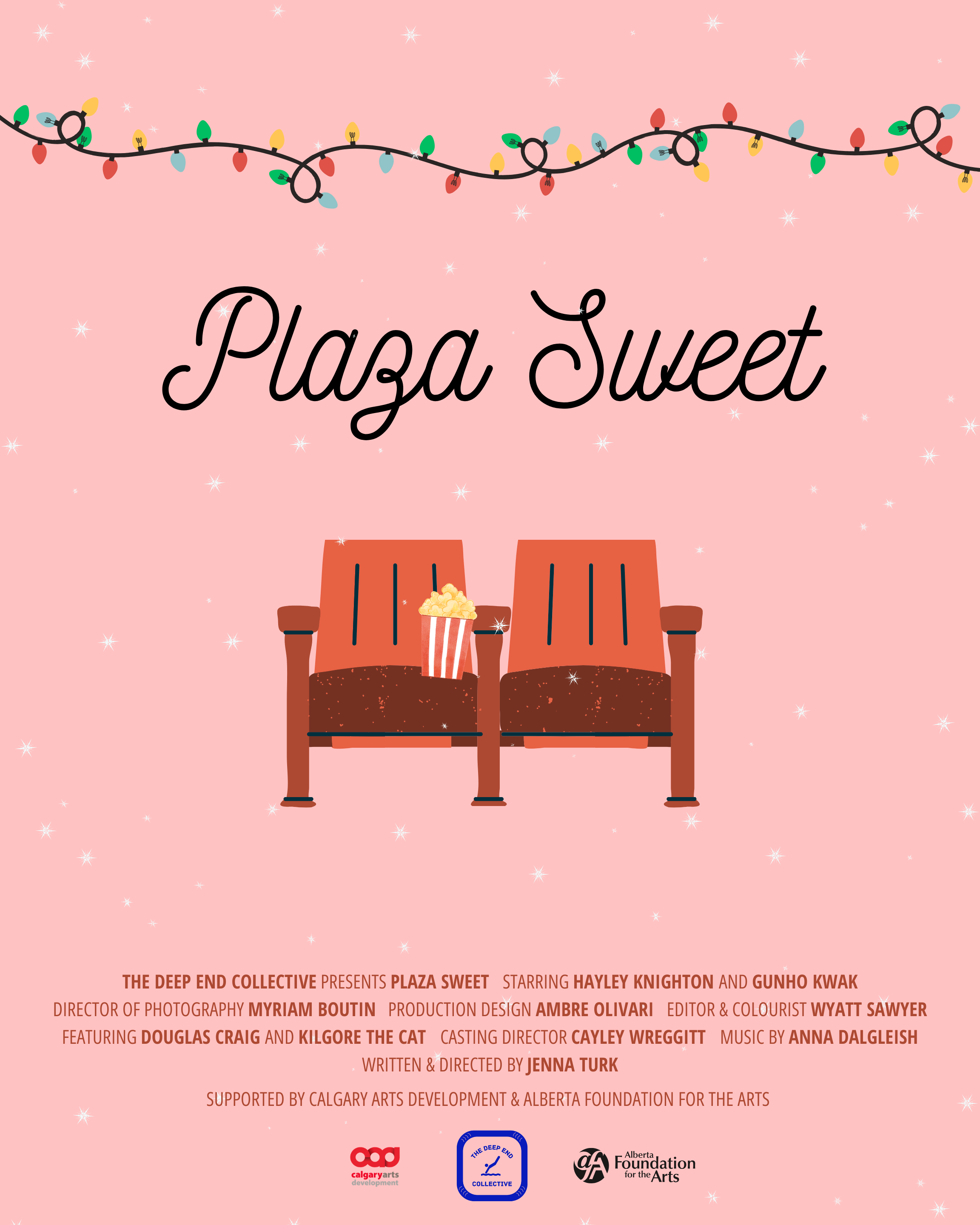 Plaza Sweet baby pink poster featuring two empty theatre seats side-by-side under falling snow