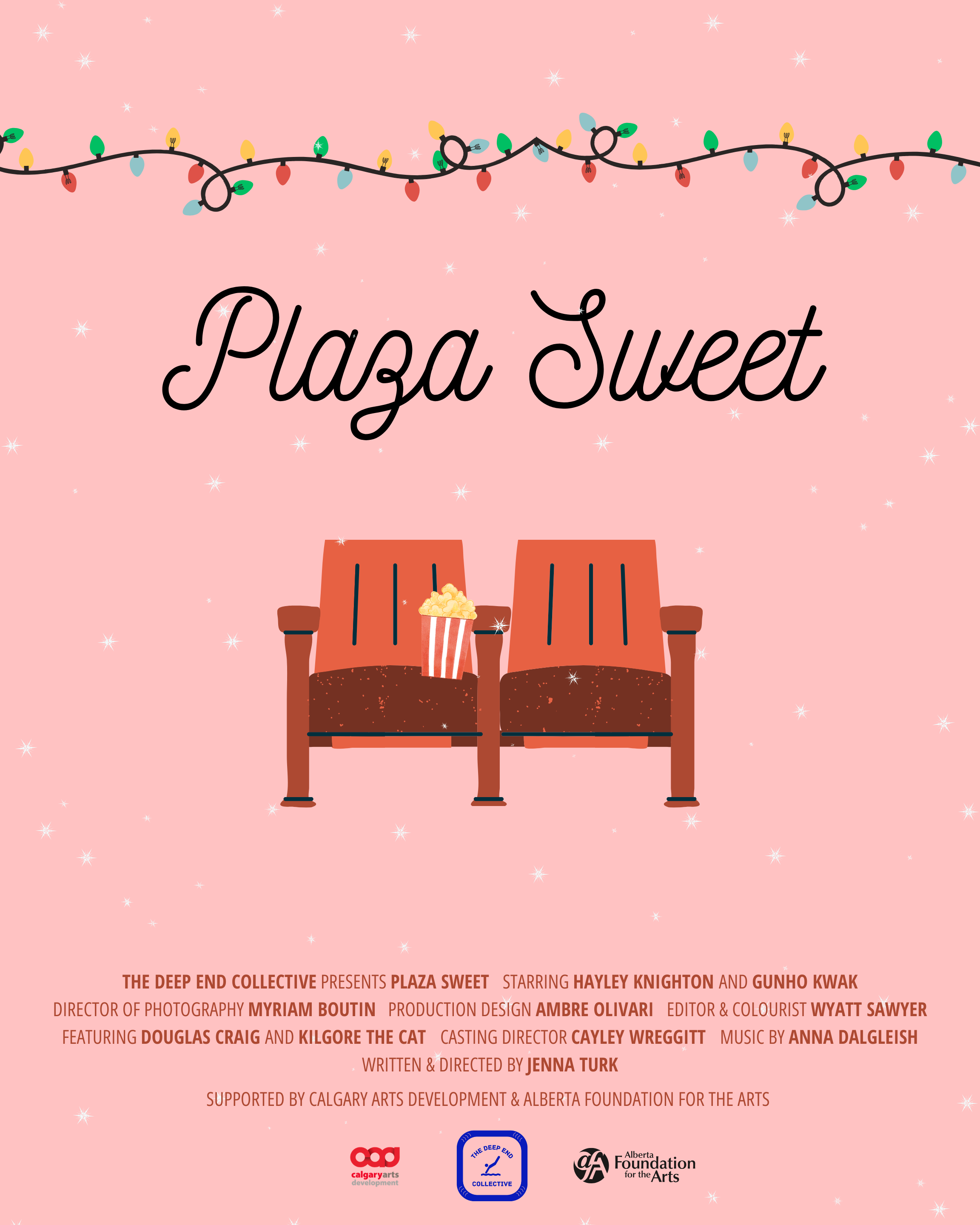 Light pink poster speckled with snowflakes. Above the title Plaza Sweet Christmas lights sparkle and below teh title sits two red theatre chairs holding a bag of popcorn. At the bottom of the poster names and sponsors are listed.