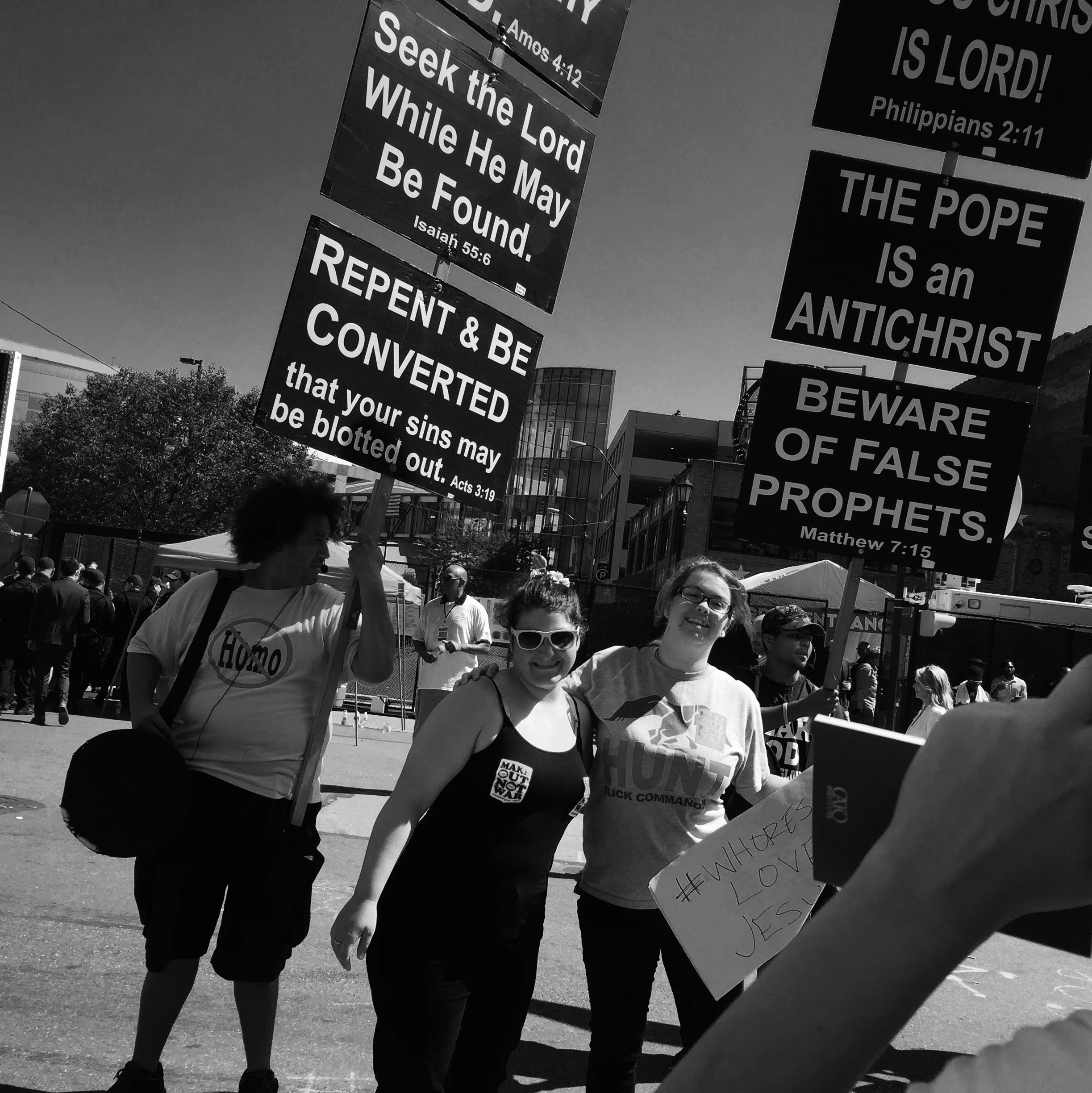 Protesters and counter-protester fill the streets outside the convention.