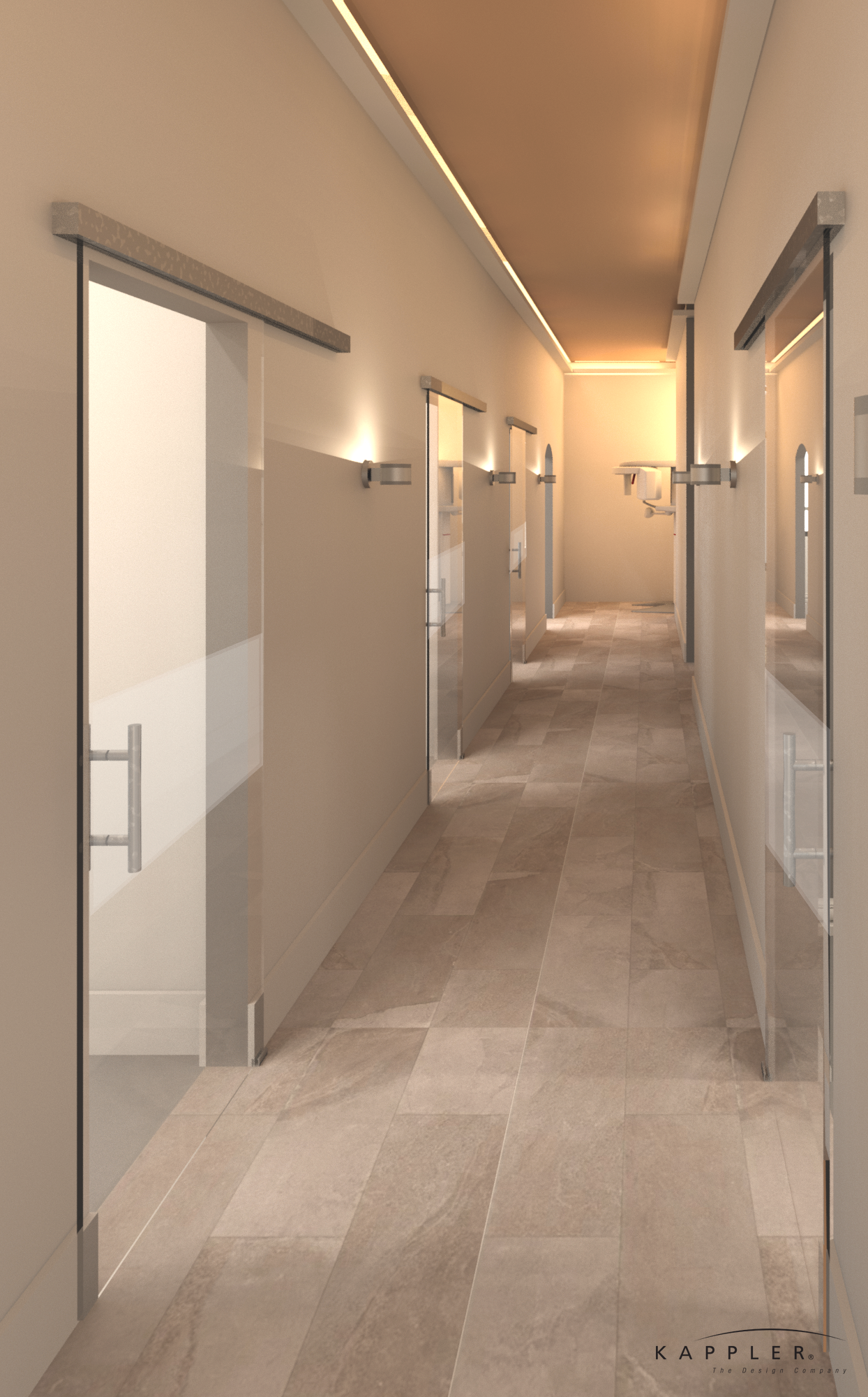 dental office hallway with polished floors and glass doors