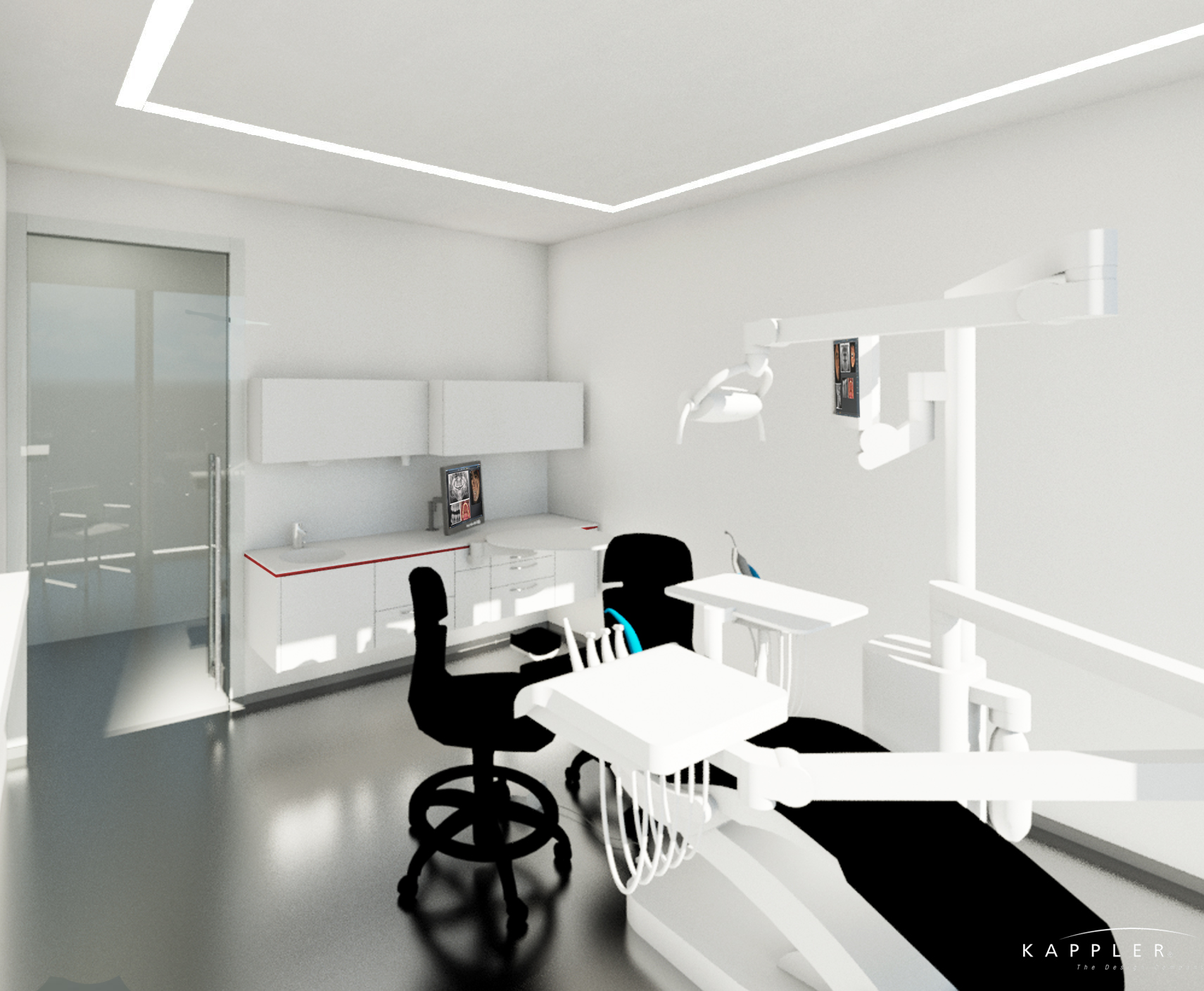 minimalist dental operating room in white with black accents