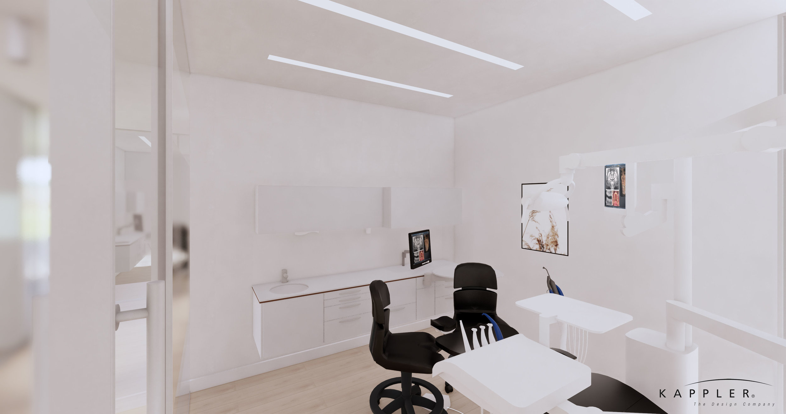 clean white dental operating room design with black accent chairs