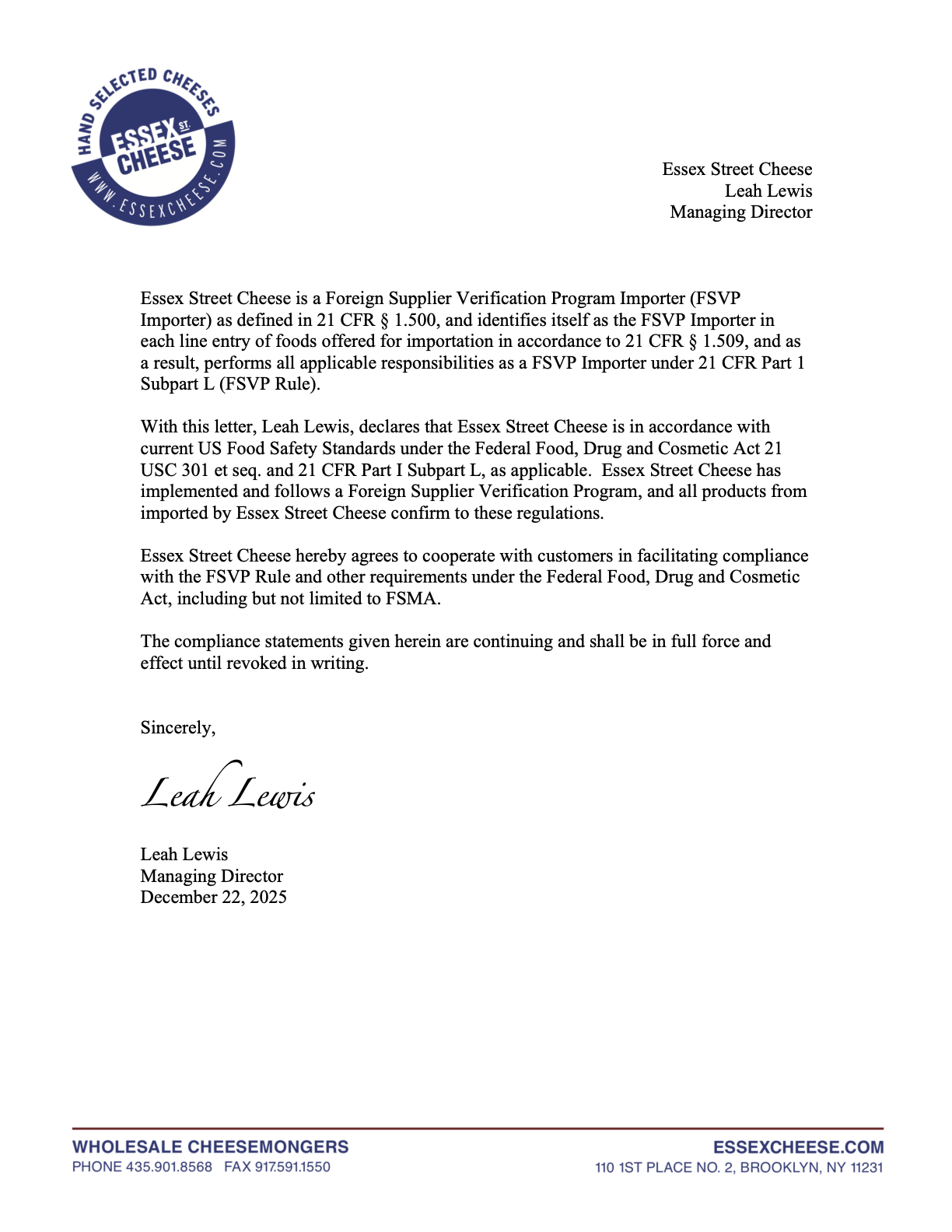 A reprodoctuion of Essex's Foreign Supplier Verification Program compliance letter