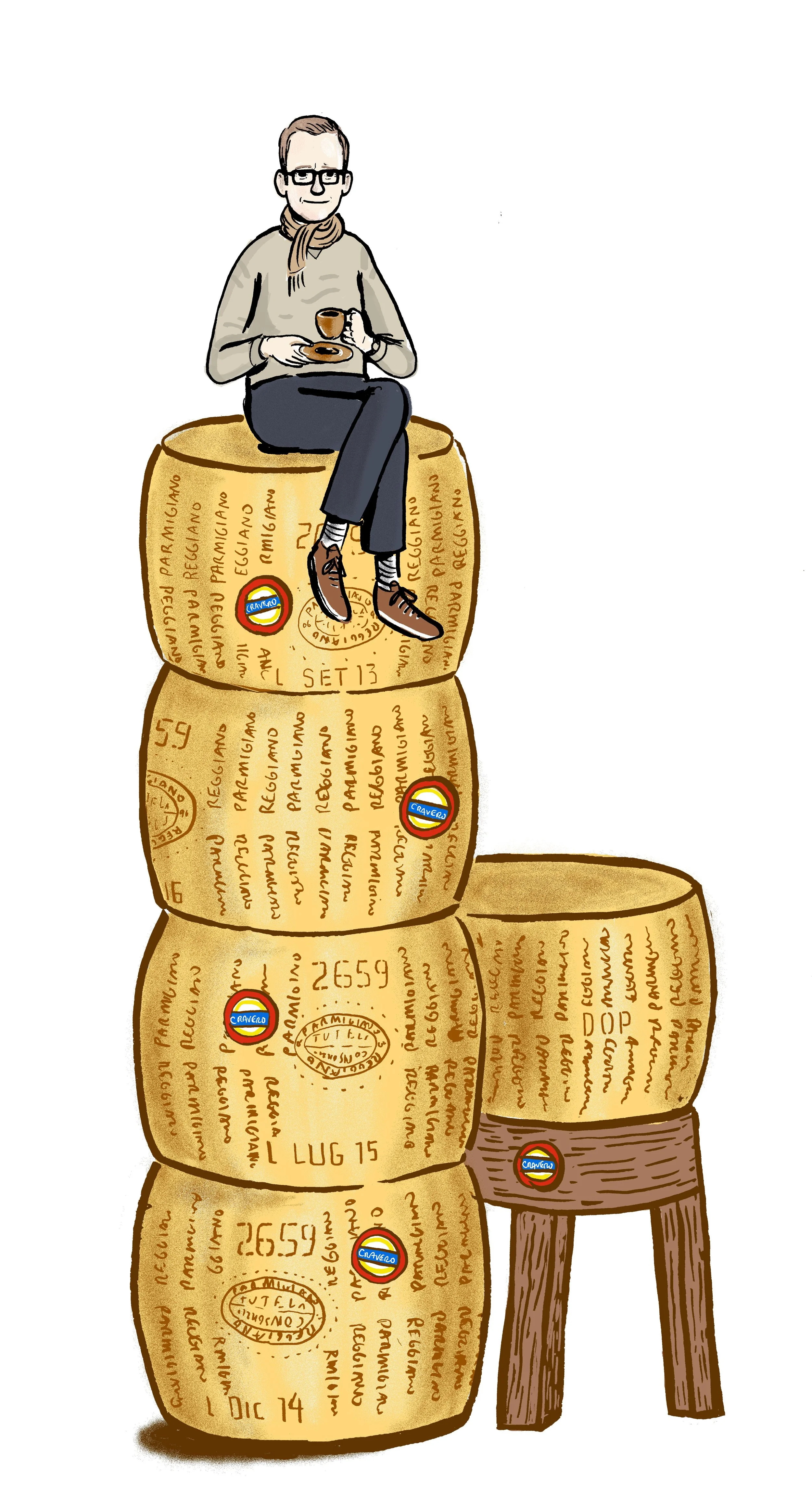 A man sits on a stack of cheese with an espresso coffee in his hand.