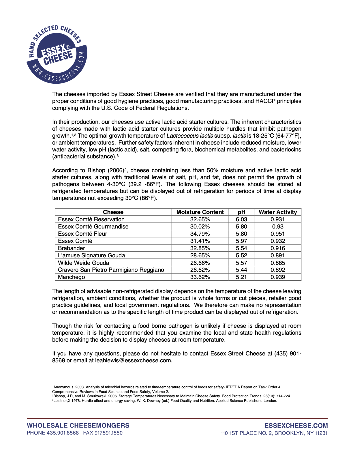 A copy of Essex's cheese display care statement