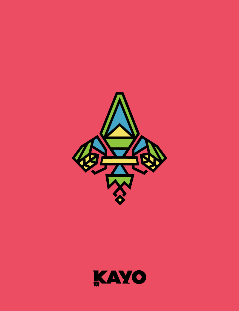 My friend and artists Kayo makes fire music. His logo needed to match his sound. The inspiration comes from his home St. Lucia. St. Lucia is a french colony thus the fleur de lis. The vibrant colours were a must and the feather elements play on a constant in Kayo's artwork since his inception as an artist. The upside down crown plays on a prevalent them in his music between royalty and rebellion. 