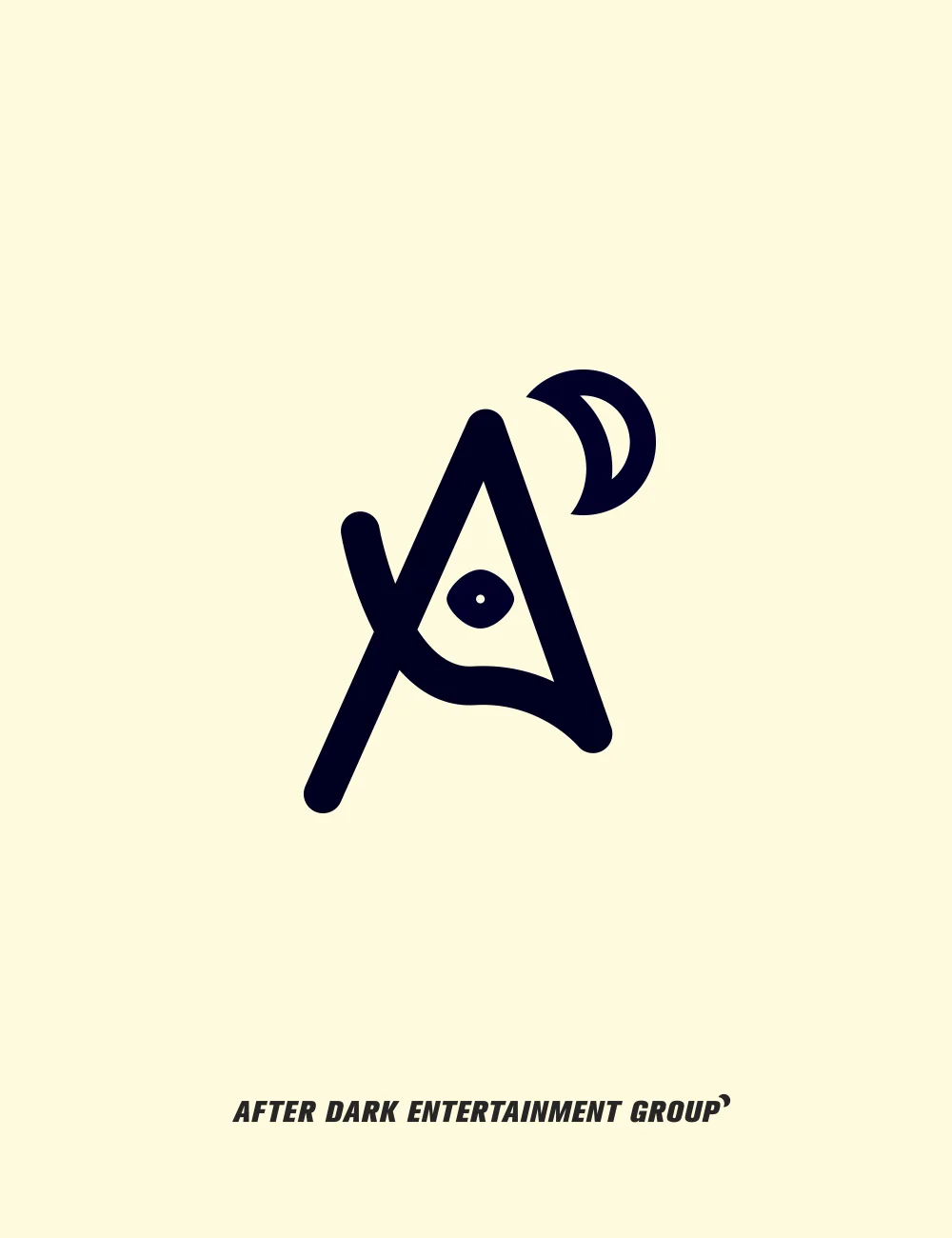 The first pass at After Dark branding. After Dark is an exclusive nighttime entertainment provider. Catering to a higher end clientele that is looking for a more intimate experience the inspiration for the brand was drawn from secret societies. A - The main shape of the logo is a triangle/pyramid. The triangle is the most universally understood secret society symbol. The centre is not only the cross bar of the “A” but it also subtly plays off the all seeing eye. Half moon - Popular occult symbol. Widely understood in 21st century western and global culture. E.G. Used as sleep/night time setting on iPhones. The half moon is the uppercase “D” in After Dark. 