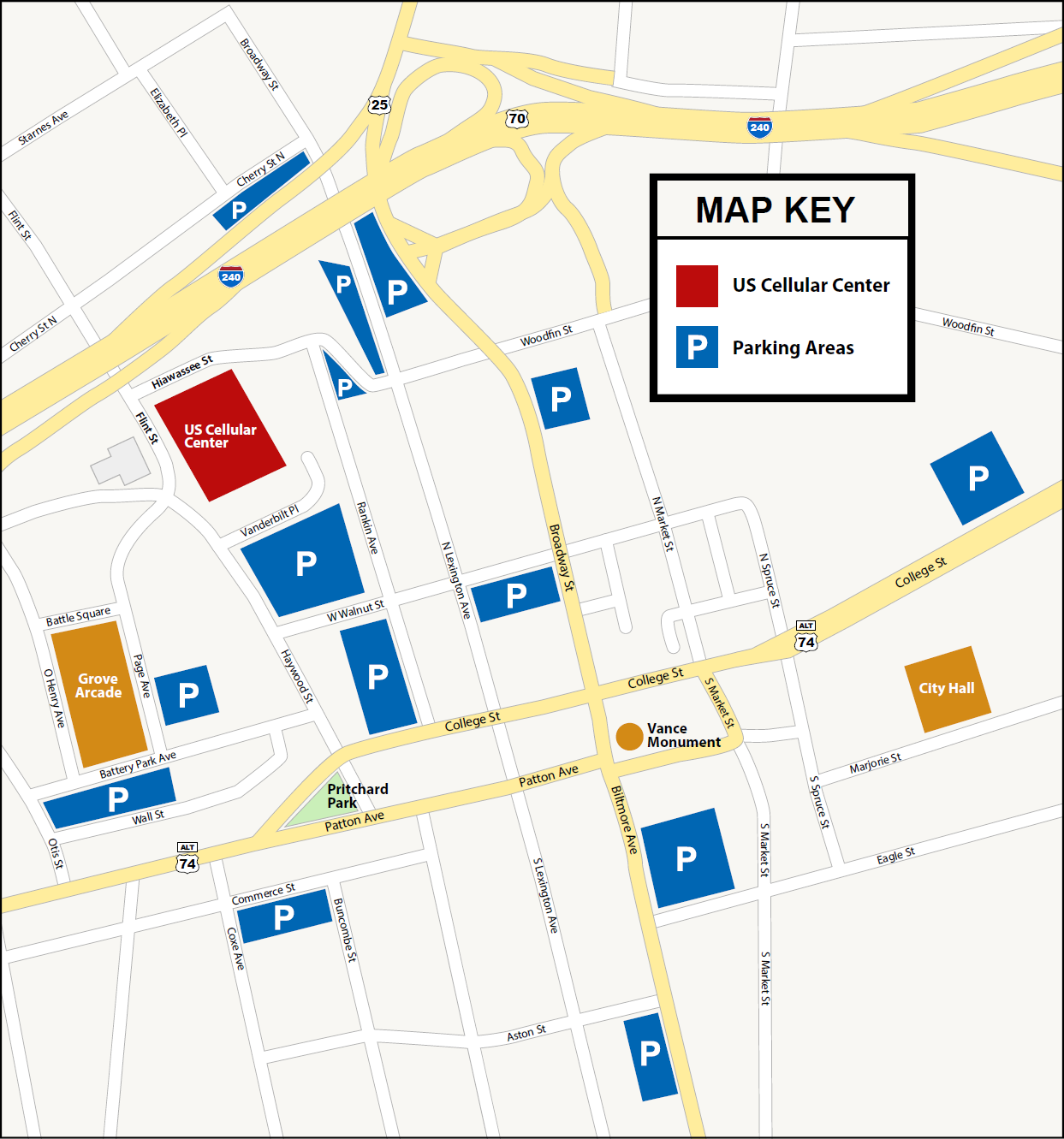PArking map: https://www.uscellularcenterasheville.com/guest-info/parking-info/