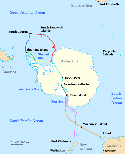 Map of the routes of the ships Endurance and Aurora, the support team route, and the planned trans-Antarctic route of the British Imperial Trans-Antarctic Expedition led by Ernest Shackleton in 1914–15. Red = Voyage of Endurance Yellow = Drift of Endurance in pack ice Green = Sea ice drift after Endurance sinks Dark Blue = Voyage of the lifeboat James Caird Light Blue = Planned trans-Antarctic route Orange = Voyage of Aurora to Antarctica Pink = Retreat of Aurora Brown = Supply depot route Text and image from: https://commons.wikimedia.org/wiki/File:Shackleton_Endurance_Aurora_map2.png