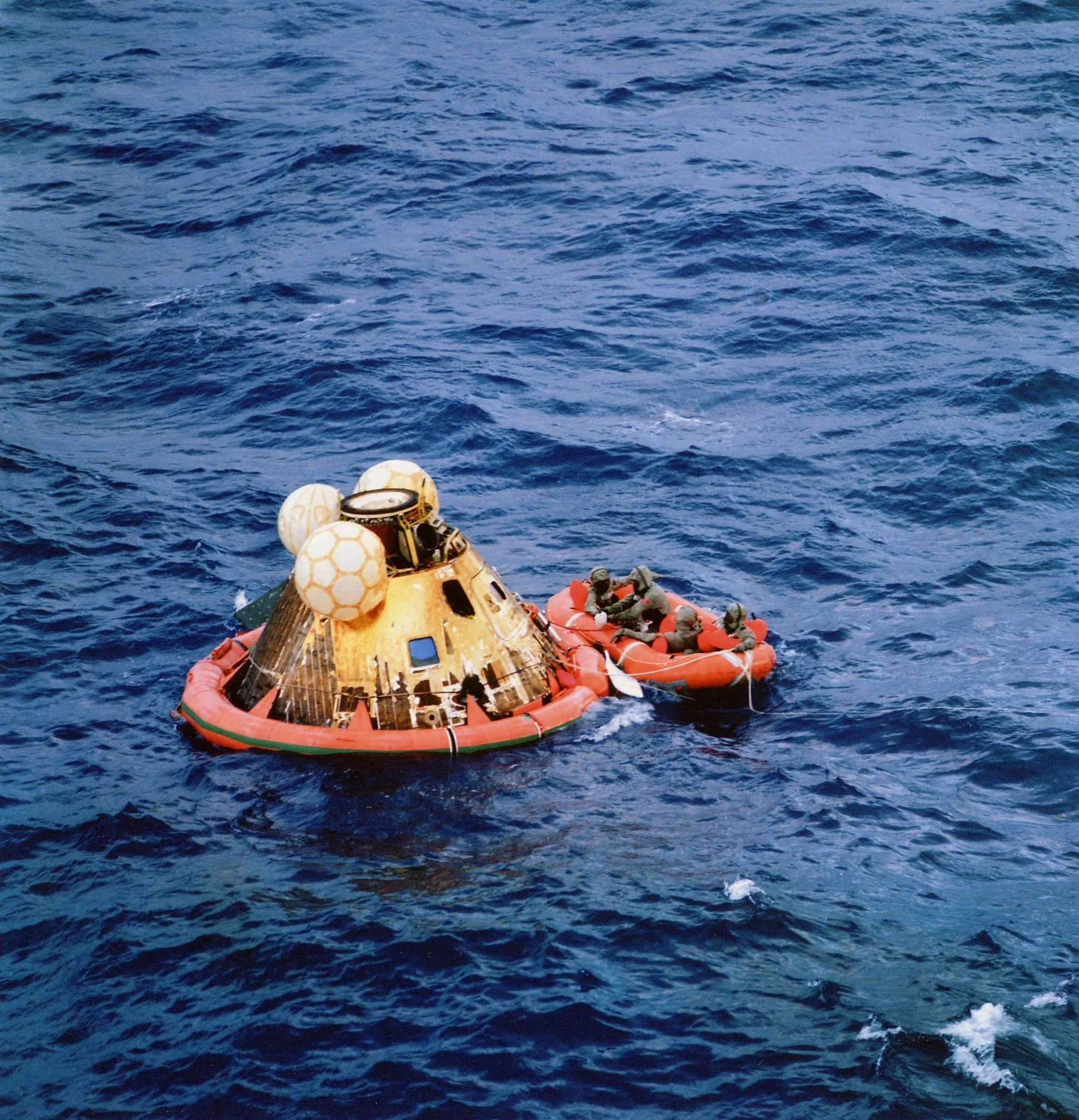 The Apollo 11 crew await pickup by the USS Hornet in the Pacific Ocean July 24th, 1969 Image credit: NASA