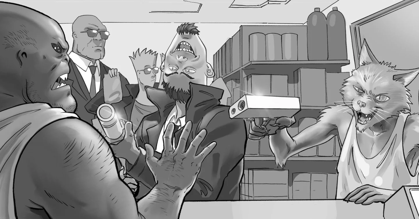 When the Brainblasters roll up 🔫⛽️

Somewhere out there, in the unfathomable reaches of deep space, lies a solar energy station floating solitary between binary stars, on a seldom-traveled service-route stretch of spaceway, owned and operated by a s