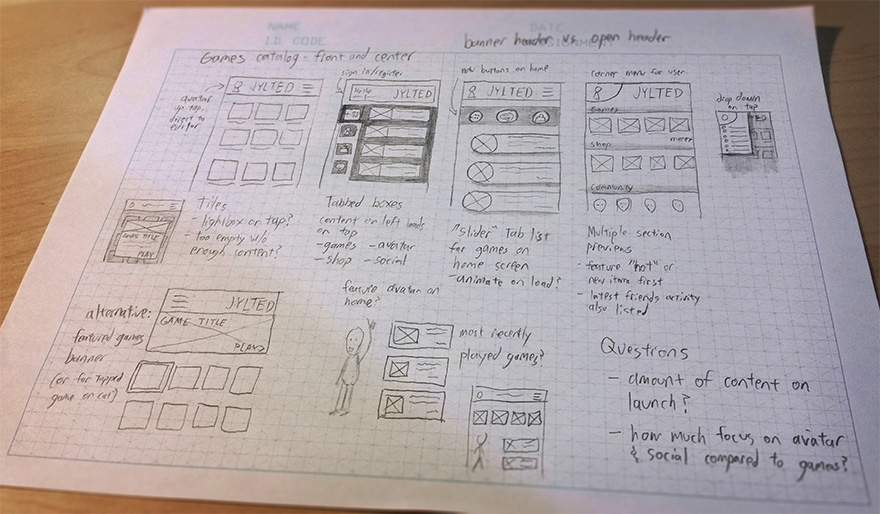 I began with some sketches featuring different layouts for the home screen. As I was brainstorming ideas, one concern came to mind: this is a new startup company with a small development team, so how many games do they intend to have on their platfo