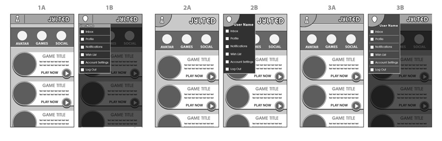Committing to the rounded sliders for the list of games, I played around with different ideas for the header. Once I worked in the drop-down menu concept, however, it was decided that an open banner felt better. Plus the top corner worked with the "