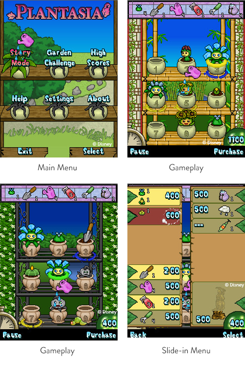 In addition to the UI and background art, I also illustrated and animated the plant character sprites for this mobile adaptation. The plants mostly retained the original characters' designs, but in a sharper-looking pixel art style that was better s