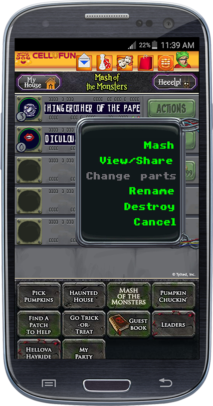 For the monster creation screens I illustrated the background art based on scenes inside Dr. Frankenstein's lab. The idea of the game is the player throws in up to five different posession items from other Cellufun games into the machine, which would create a randomly-generated monster based on those items' properties. Therefore the background art needed to accomodate for five different "slots" for the player to add their items, which I integrated into the lab machine in the scene (the cartoon Igor character was designed by fellow artist Adam Frizzel).