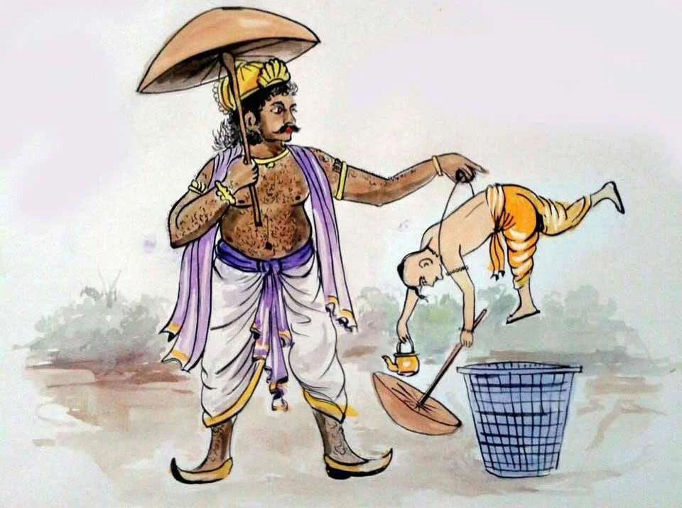 Cheeky cartoon depicting Mahabali throwing Vamana in the trash