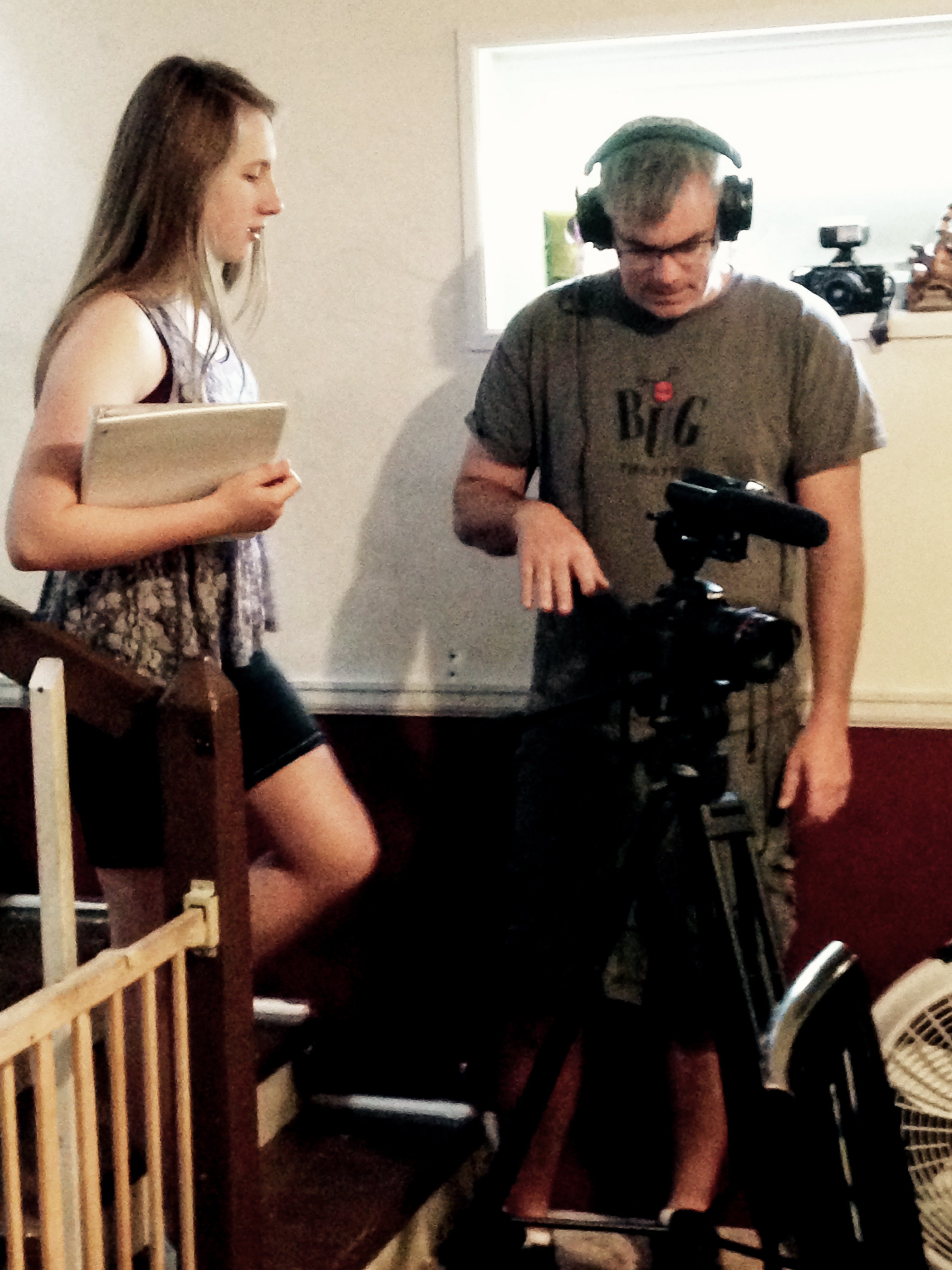 Catrin and her filmmaking instructor Patrick Sheridan on the set of Pin The Tail On The Donkey