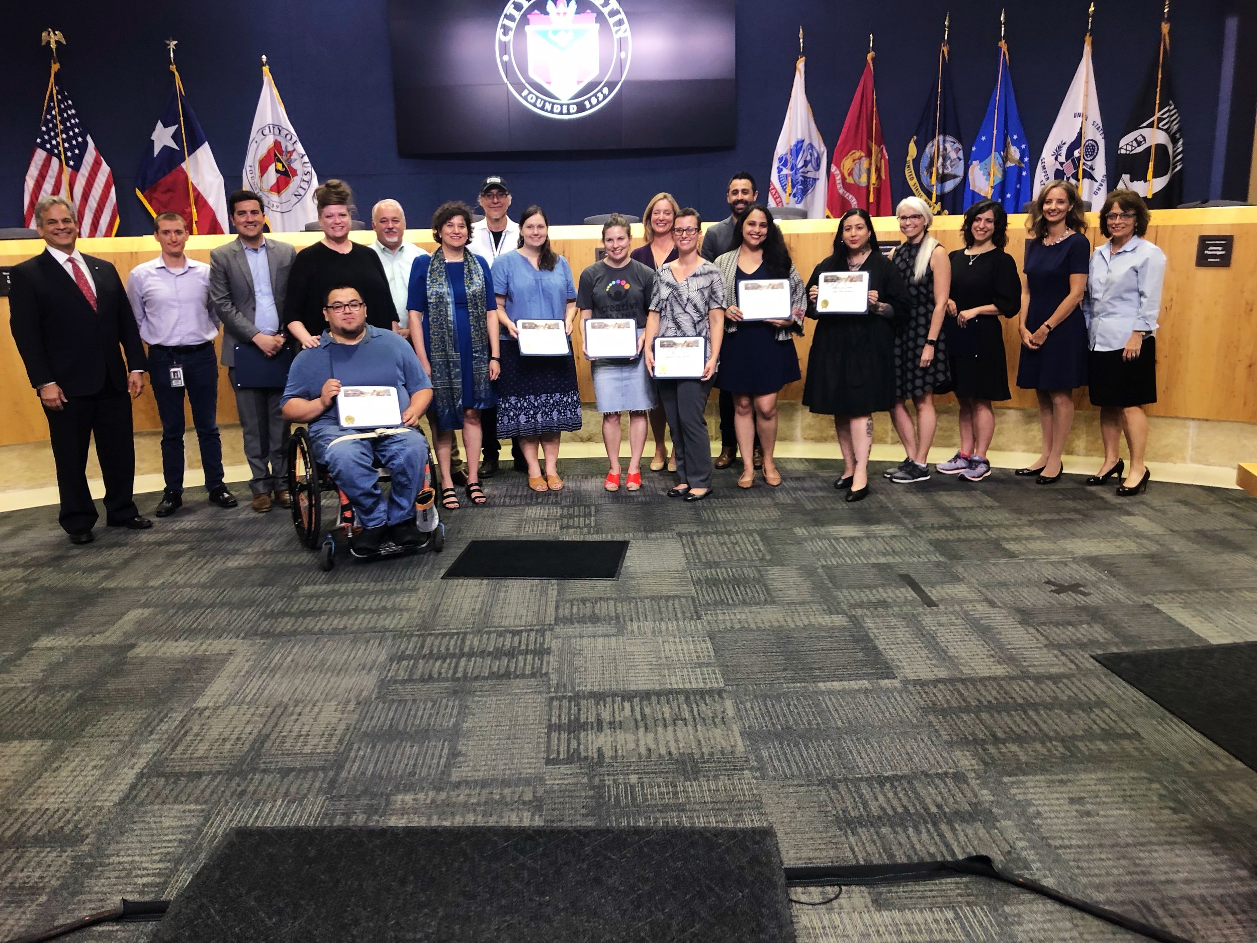 Motion Media Arts Center and 8 other fellow organization at City Hall with Mayor Adler.