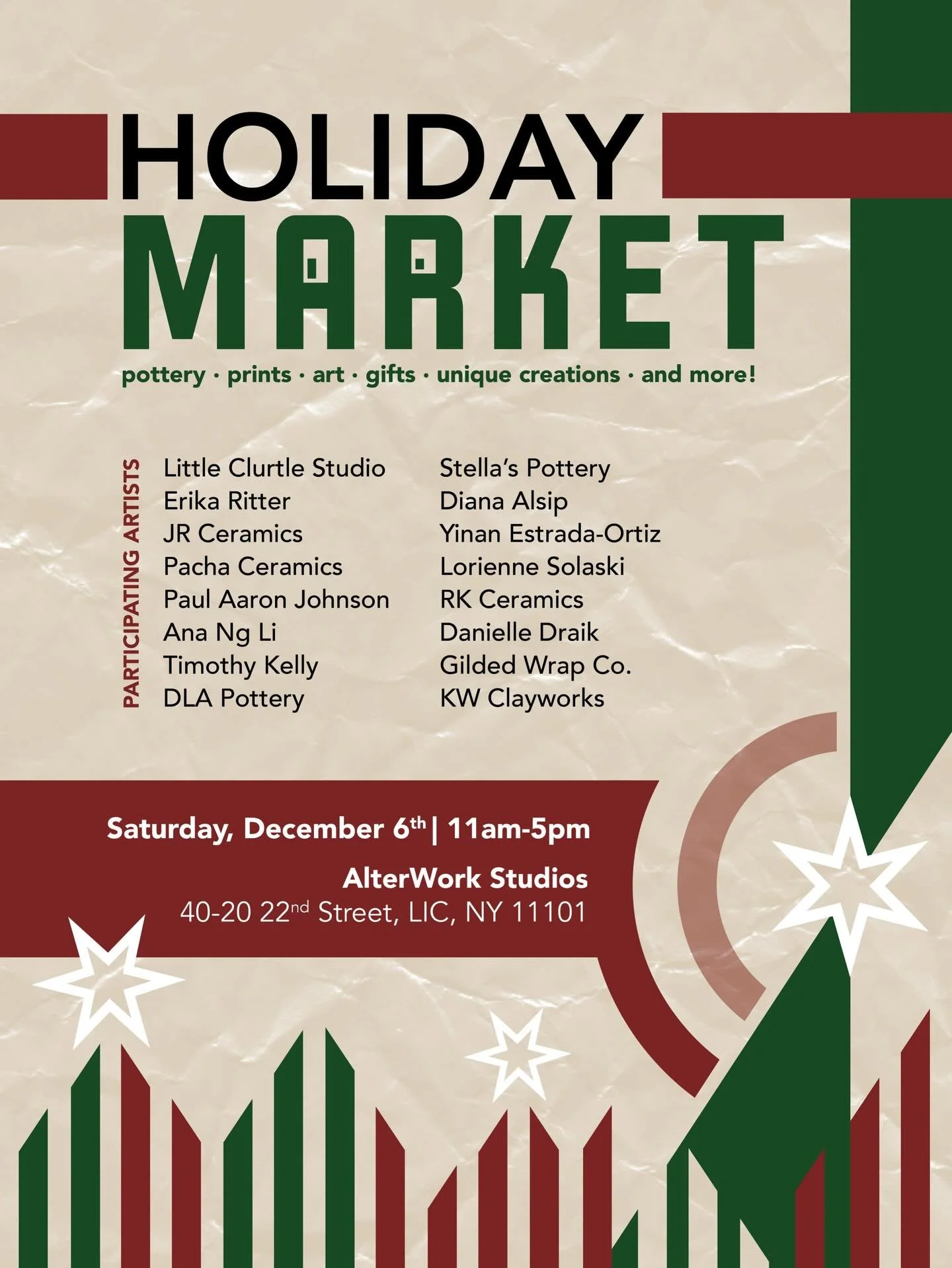 We&rsquo;re SOOOO EXCITED for the Holiday Market this Saturday! Are you? We&rsquo;ll be set up 11am-5pm!

Come out and support these local talented artists:
@littleclurtlestudio @ritter_erika @jr.ceramics @pacha.ceramics @pjspot @kilnitwithana @timot