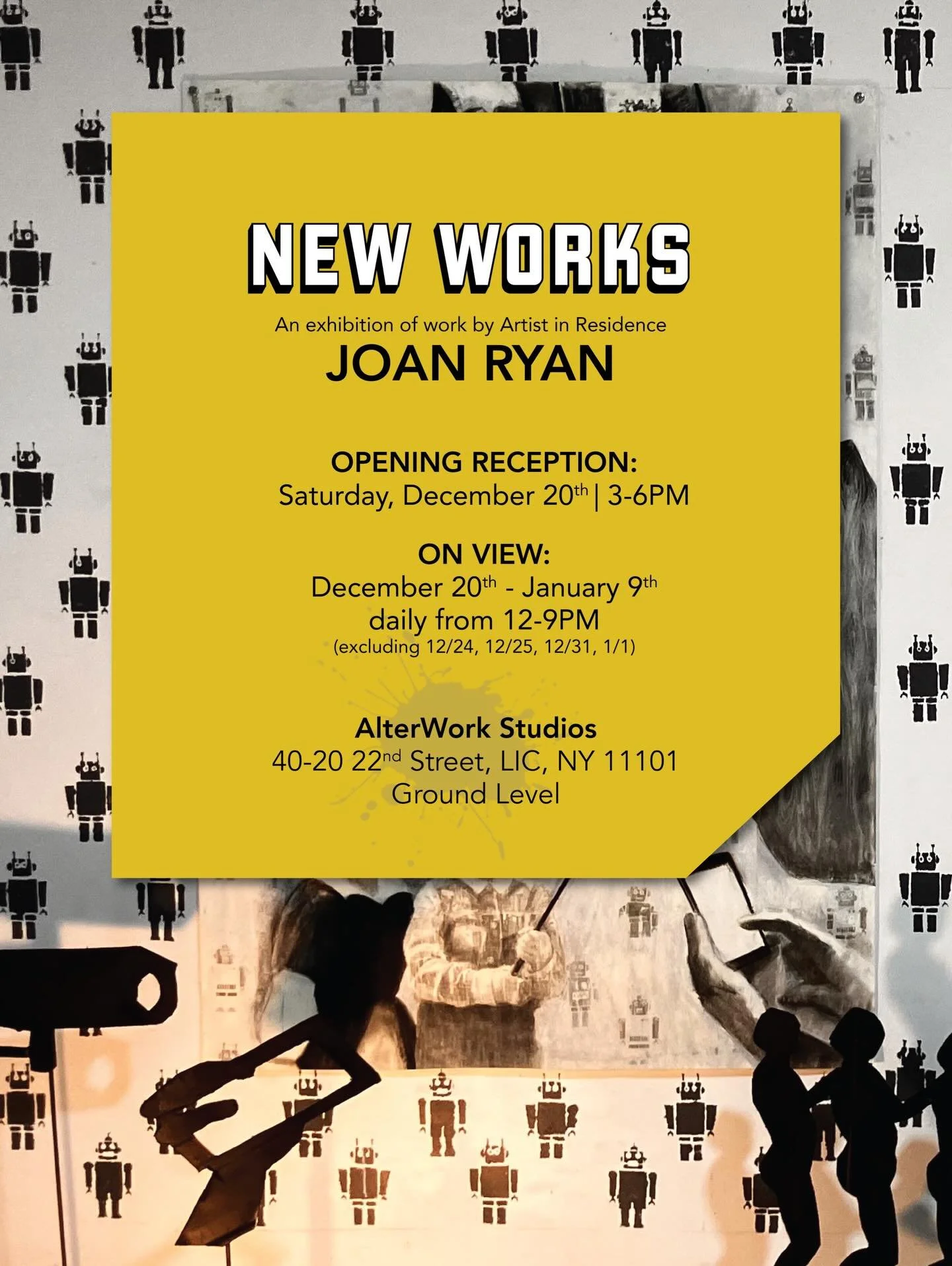 Join us this Saturday 12/20 from 3-6PM for the Opening Reception of &ldquo;New Works&rdquo; presented by Artist in Residence Joan Ryan. #AlterWorkStudios is thrilled to be showing Joan&rsquo;s large scale drawings in our gallery. The exhibit is on vi