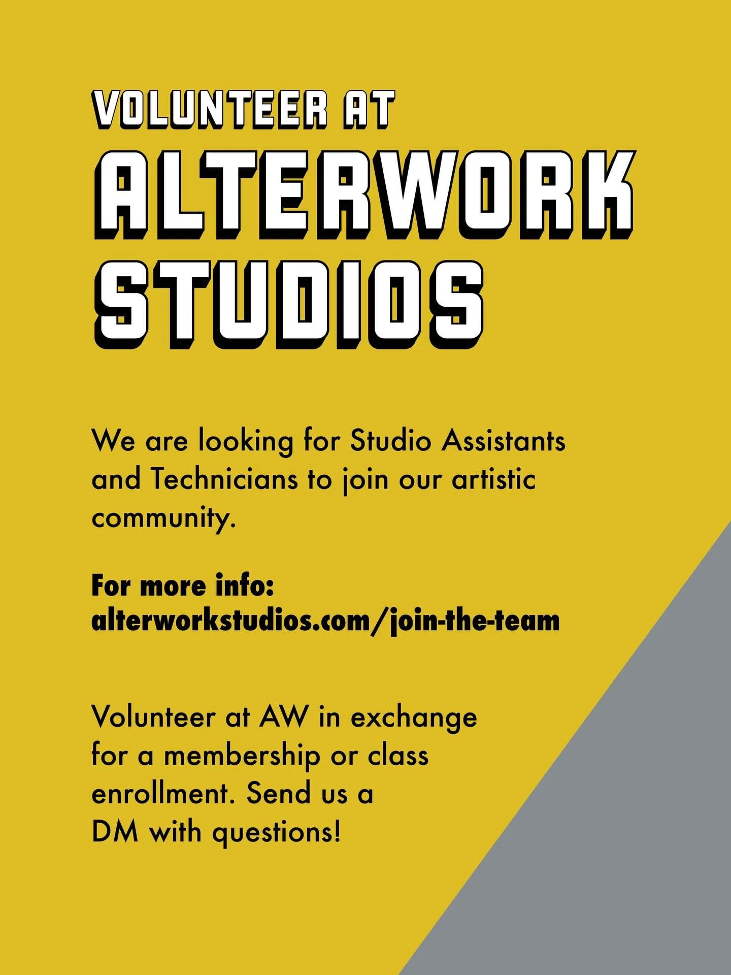 Want to be a part of the #AlterWorkStudios community? We&rsquo;re looking for Studio Assistants and Technicians! 

Volunteer with us in exchange for a membership or class enrollment. &ldquo;Join the team&rdquo; link in bio for more details. DM or ema