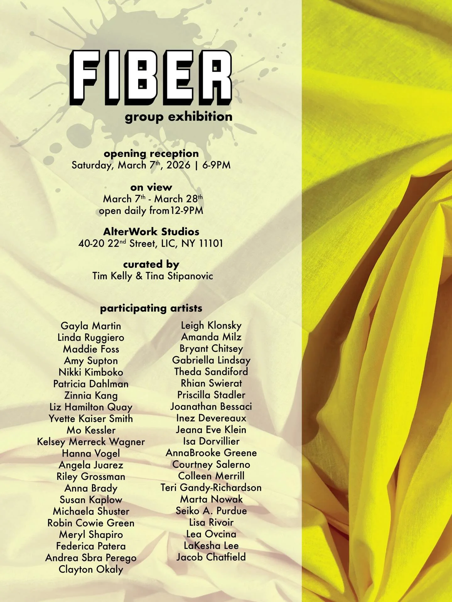 OPENING THIS SATURDAY! Stop in to #AlterWorkStudios for the opening reception of &ldquo;Fiber&rdquo;. Saturday 3/7 from 6-9PM. Thank you to the 43 artists represented in the show! Can&rsquo;t wait! #artopening #fiberart #openingreception #fiber